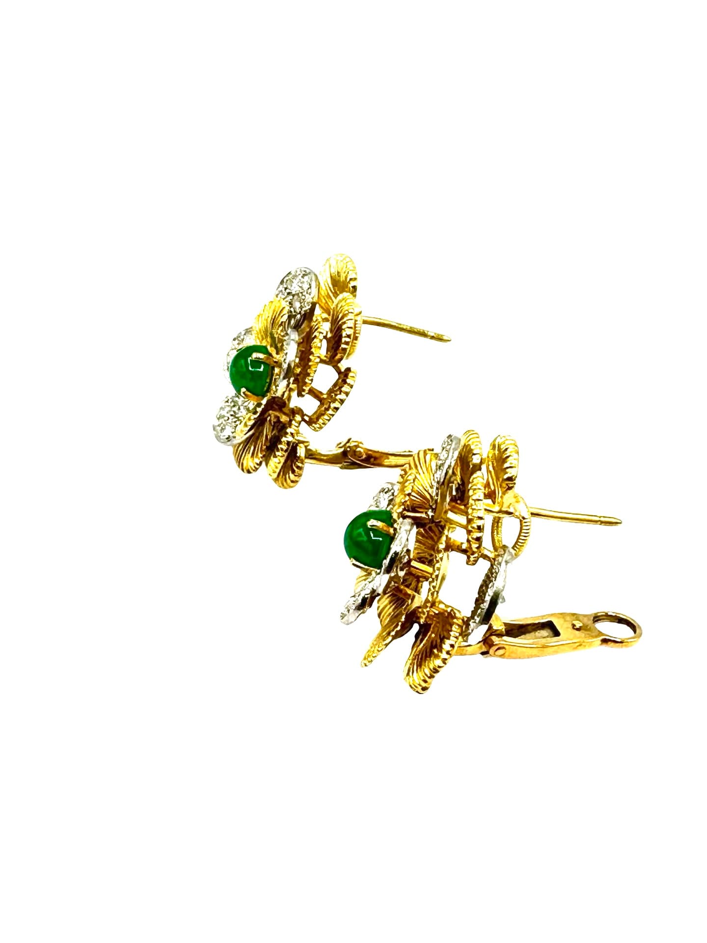 1.00 Carat Cabochon Emerald and 2.00 Carat Diamond 18K and Platinum Flower Earrings - thumbnail 4