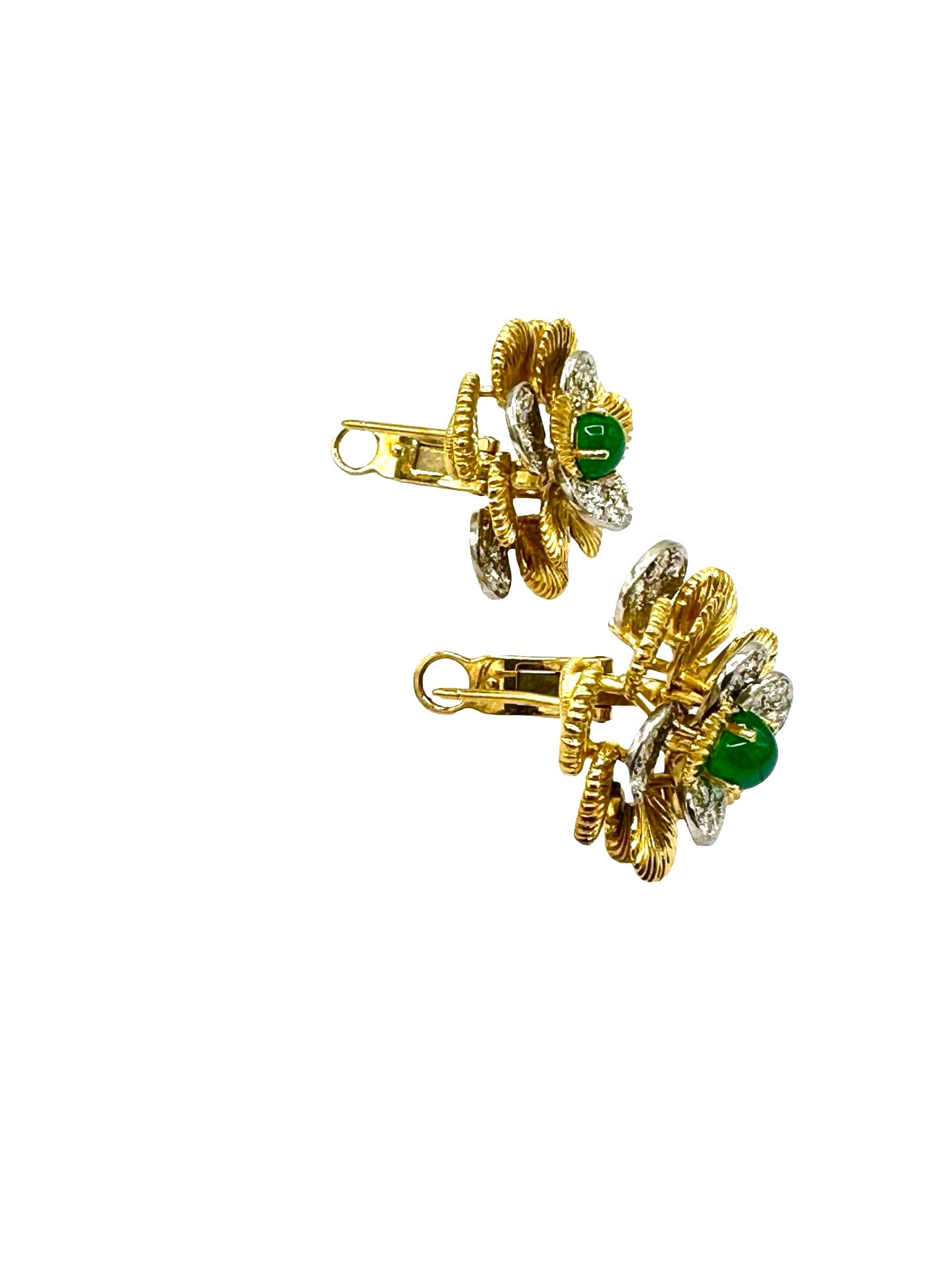 1.00 Carat Cabochon Emerald and 2.00 Carat Diamond 18K and Platinum Flower Earrings - thumbnail 3