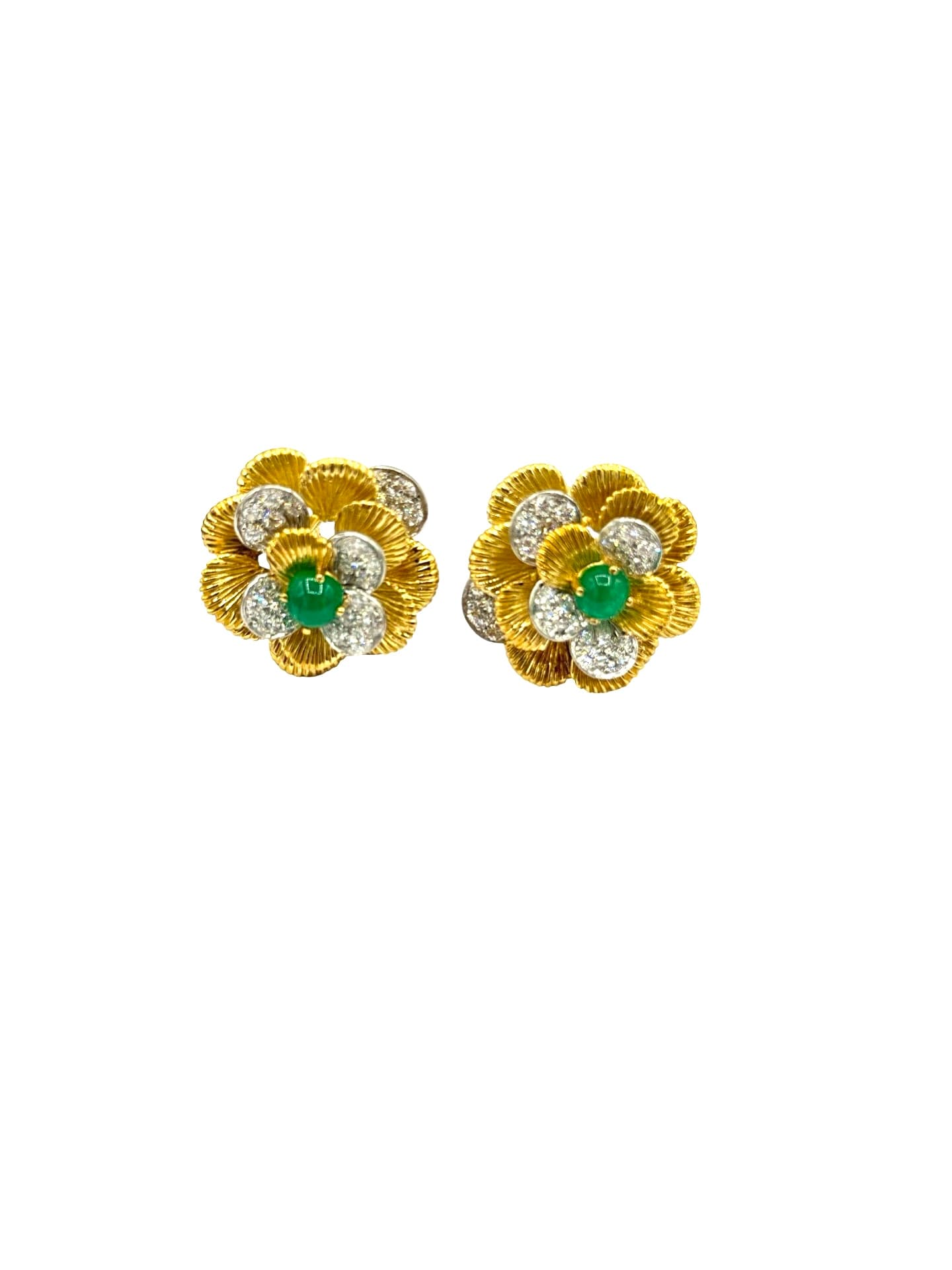 1.00 Carat Cabochon Emerald and 2.00 Carat Diamond 18K and Platinum Flower Earrings - thumbnail 2