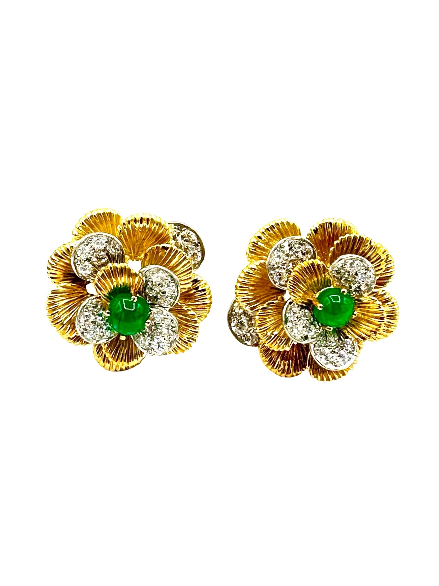 1.00 Carat Cabochon Emerald and 2.00 Carat Diamond 18K and Platinum Flower Earrings