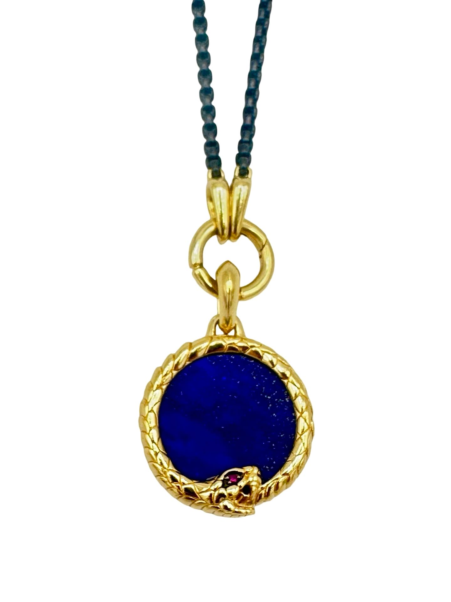 David Yurman Cairo Ouroboros Amulet 18K Yellow Gold w/ Lapis and Ruby w/ Chain