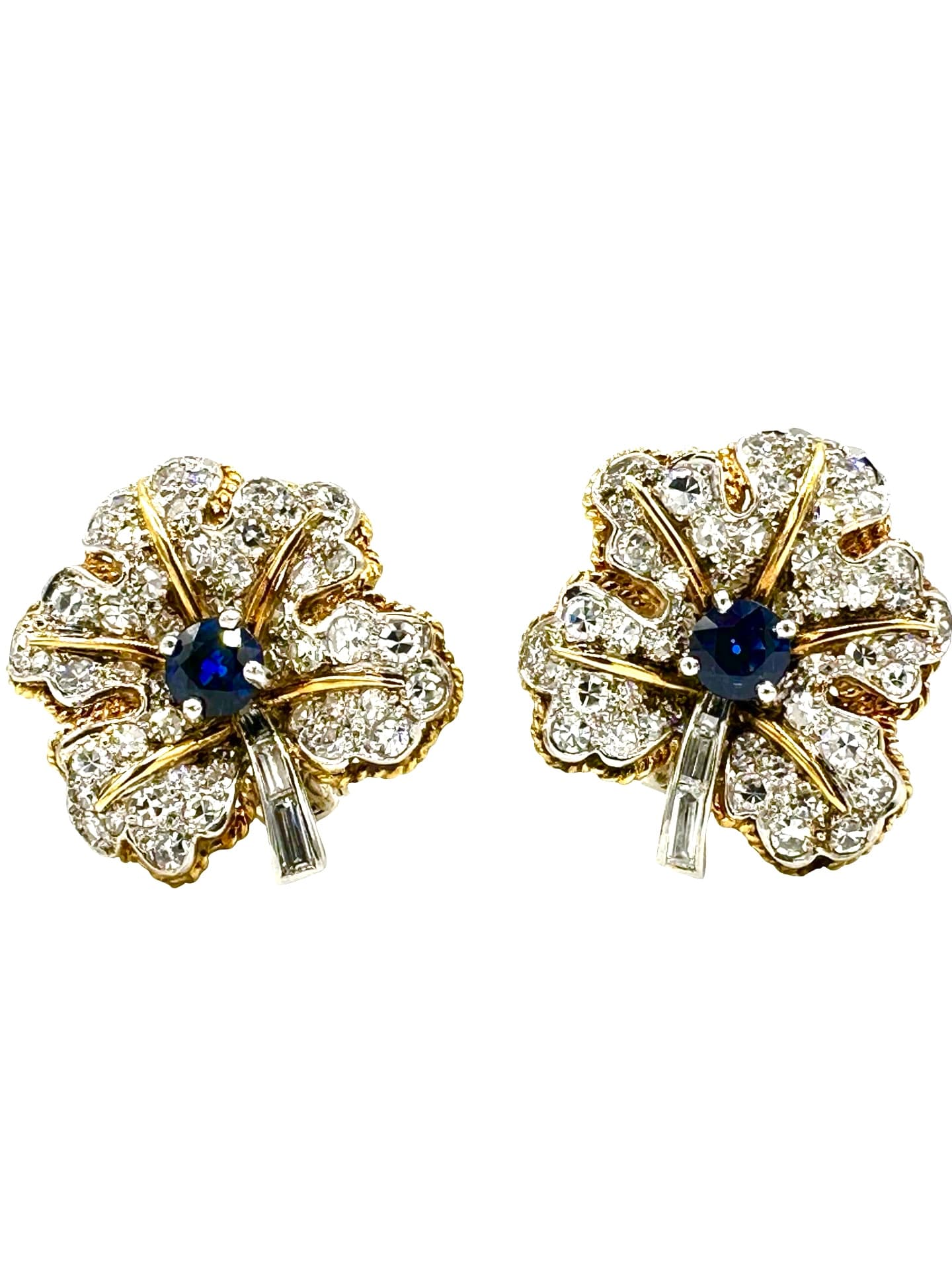 18K White & Yellow Gold Diamond and Sapphire Floral Leaf Earrings - thumbnail 2