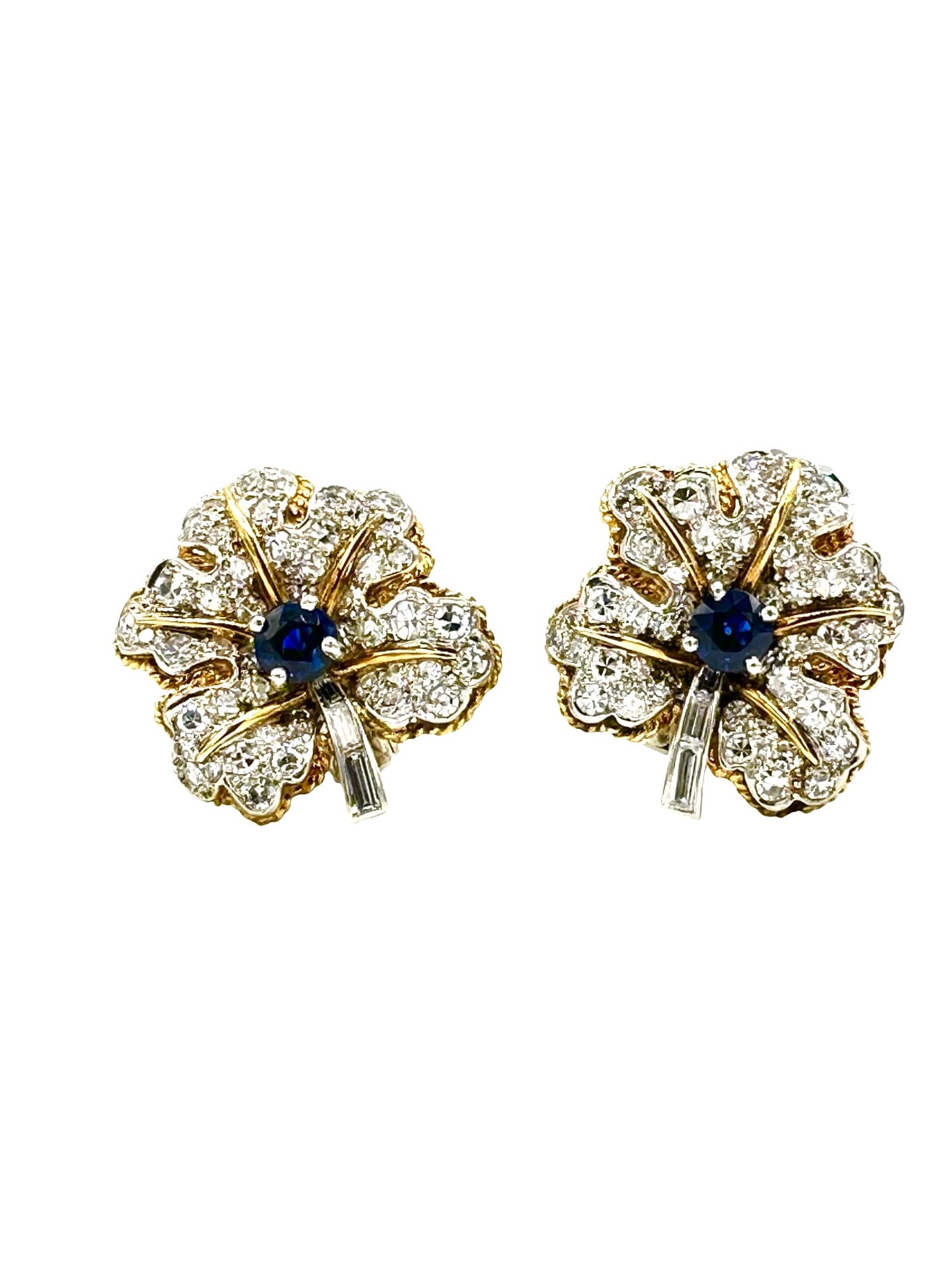 18K White & Yellow Gold Diamond and Sapphire Floral Leaf Earrings - thumbnail 3