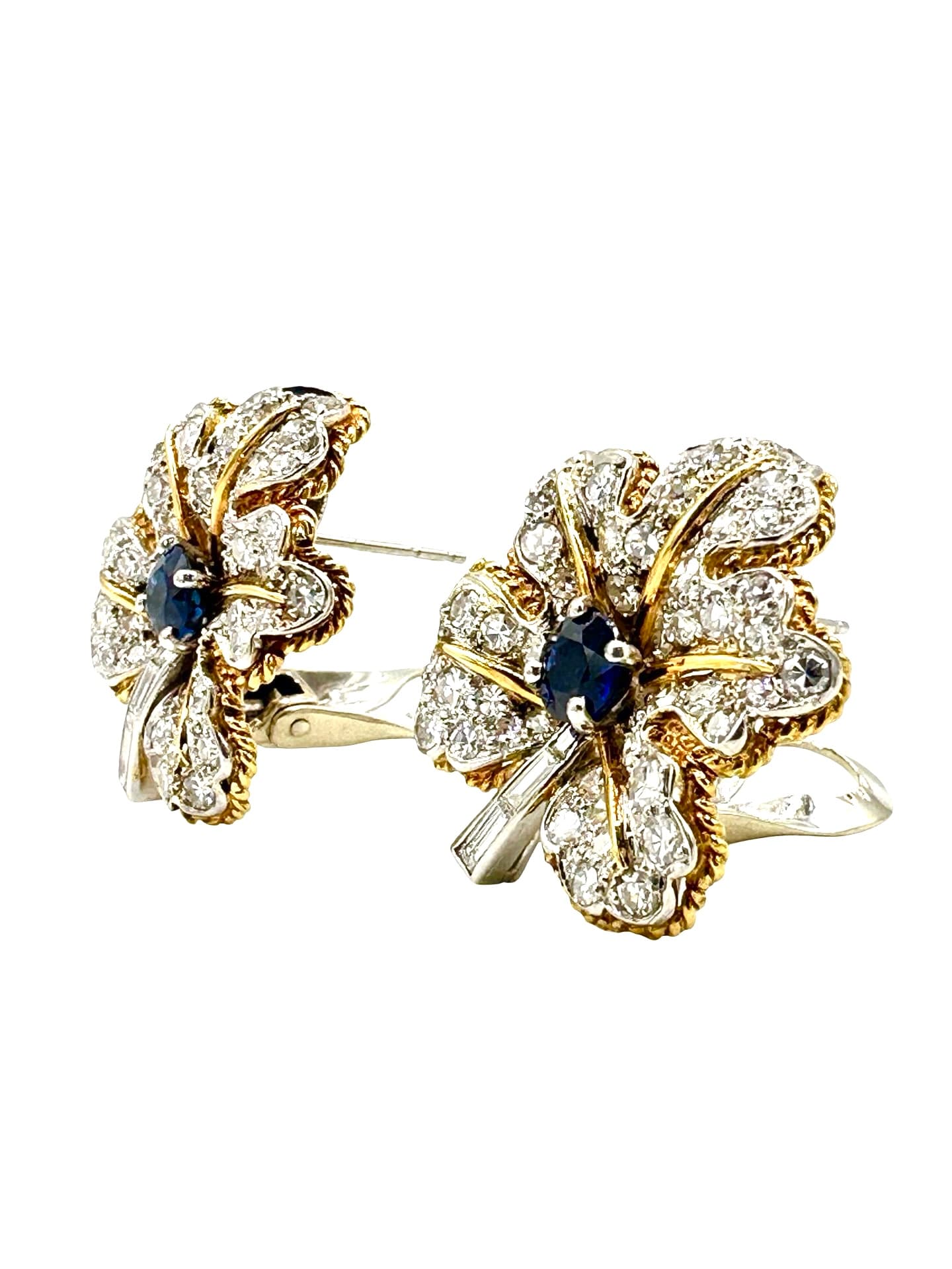 18K White & Yellow Gold Diamond and Sapphire Floral Leaf Earrings - thumbnail 5