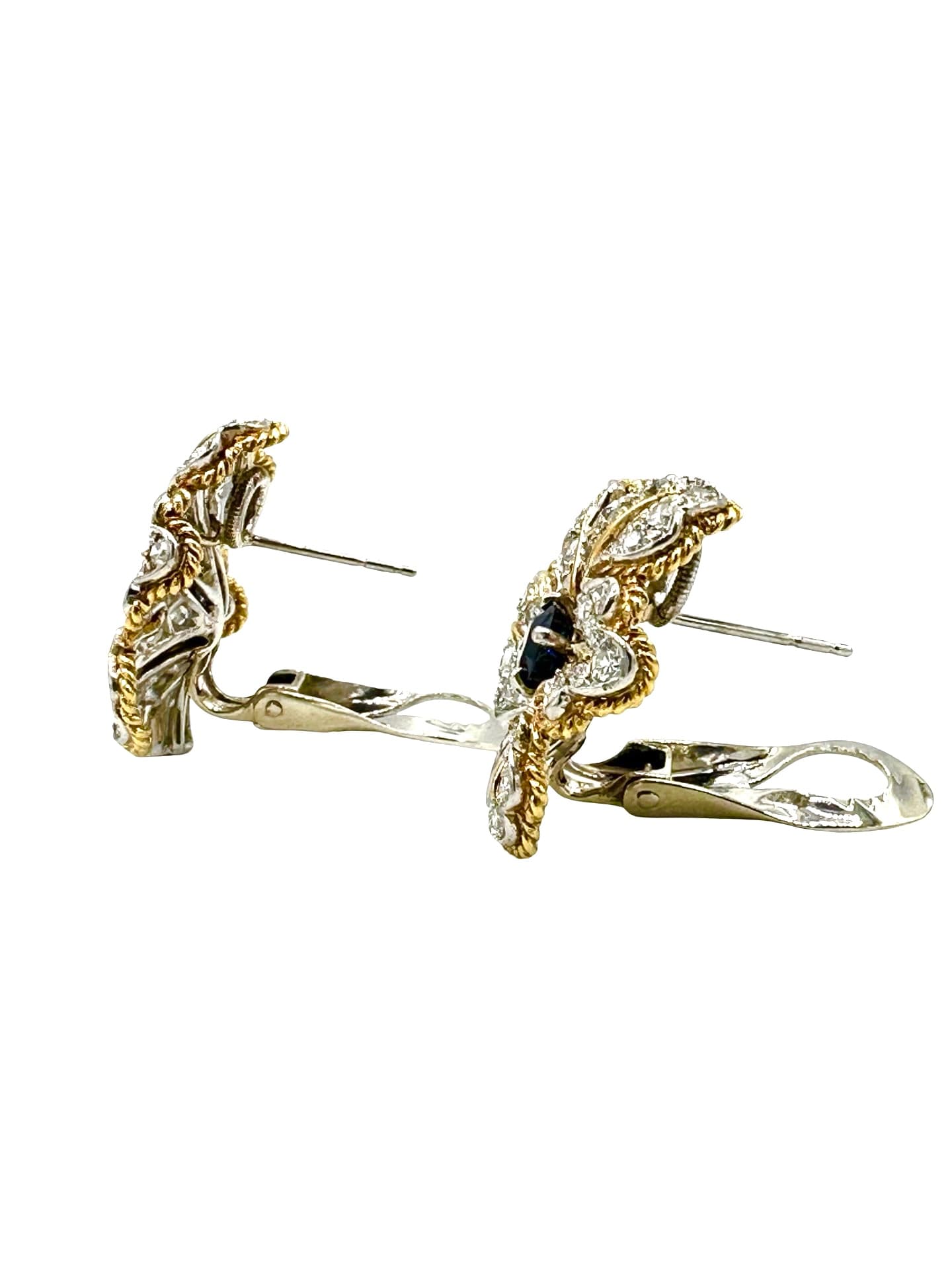 18K White & Yellow Gold Diamond and Sapphire Floral Leaf Earrings - thumbnail 6