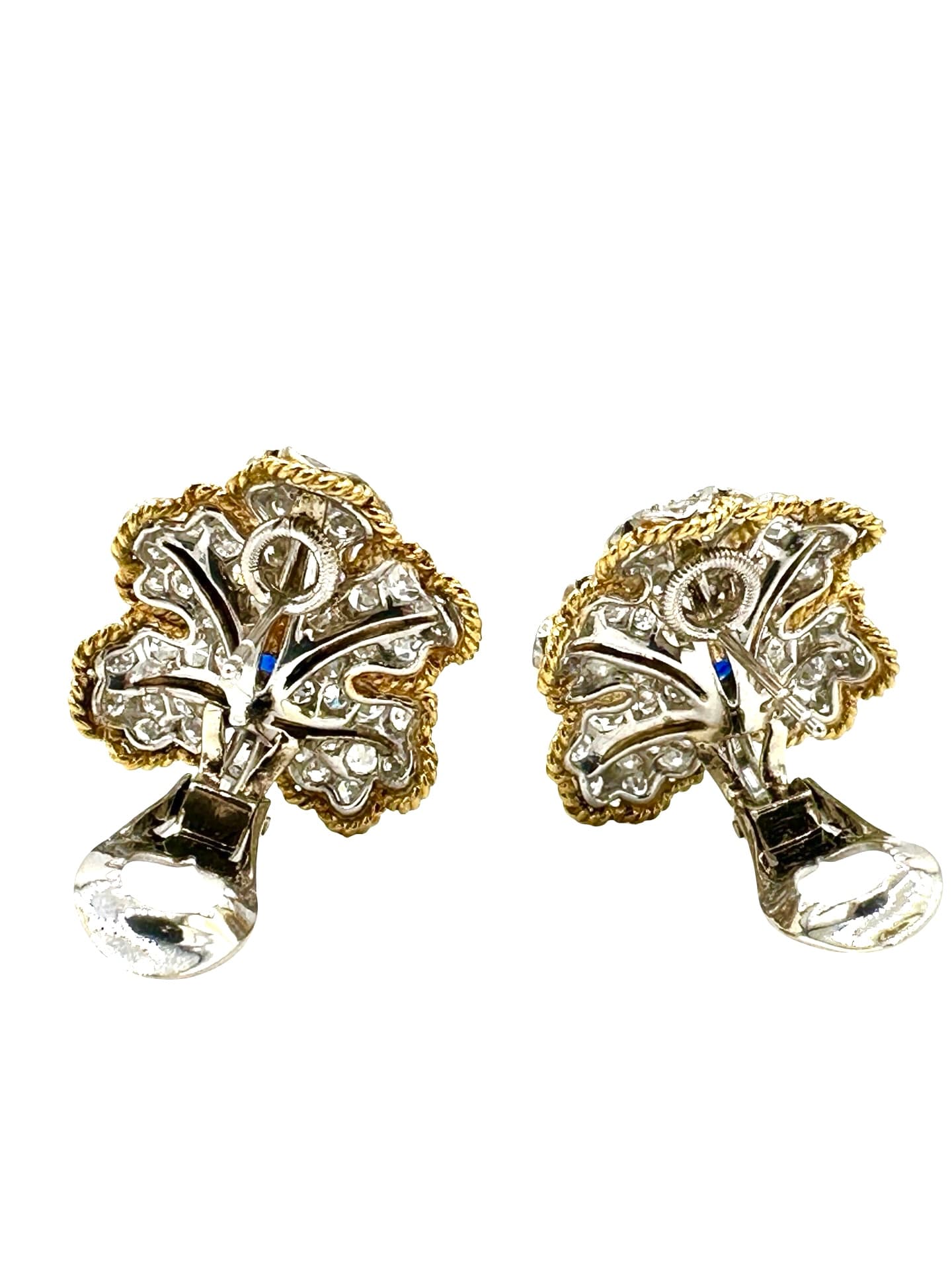 18K White & Yellow Gold Diamond and Sapphire Floral Leaf Earrings - thumbnail 7