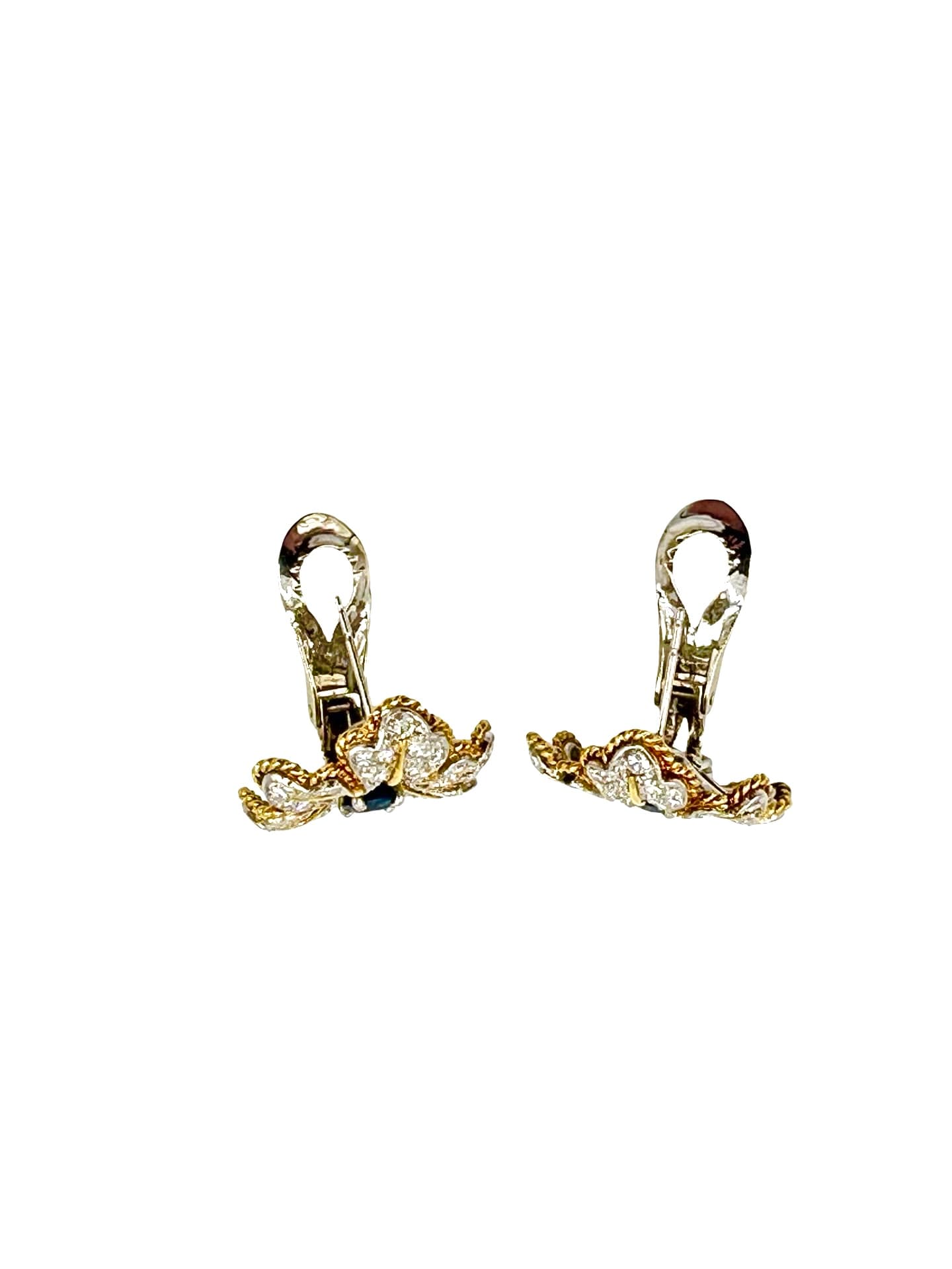 18K White & Yellow Gold Diamond and Sapphire Floral Leaf Earrings - thumbnail 8