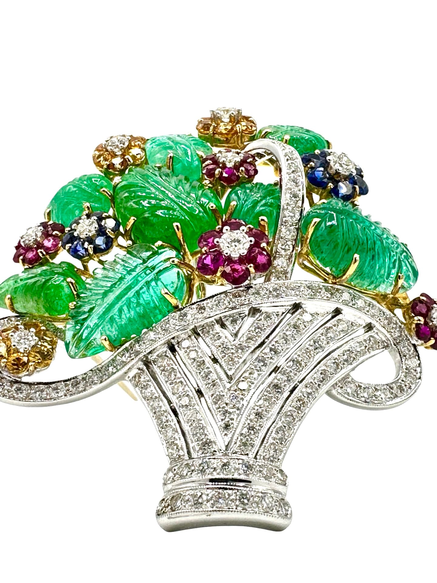 18K White & Yellow Gold Diamond, Ruby & Sapphire Basket Brooch - thumbnail 2
