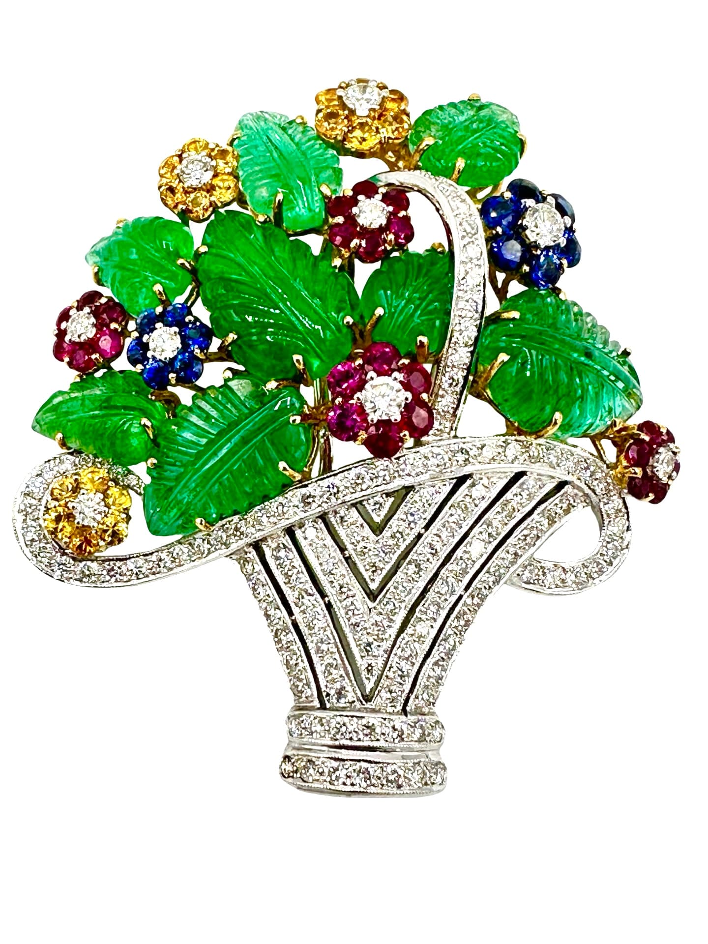 18K White & Yellow Gold Diamond, Ruby & Sapphire Basket Brooch - thumbnail 3