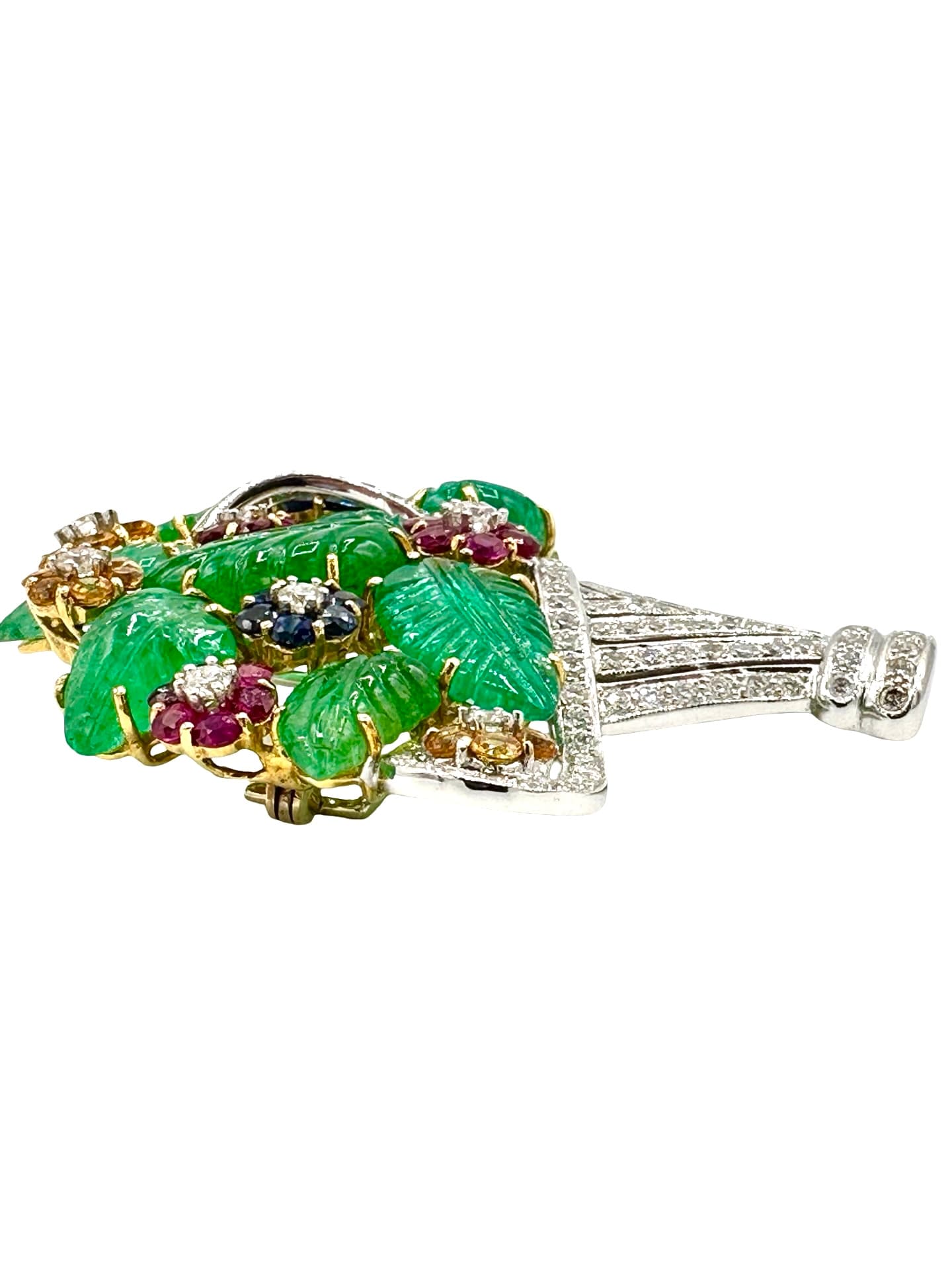 18K White & Yellow Gold Diamond, Ruby & Sapphire Basket Brooch - thumbnail 4