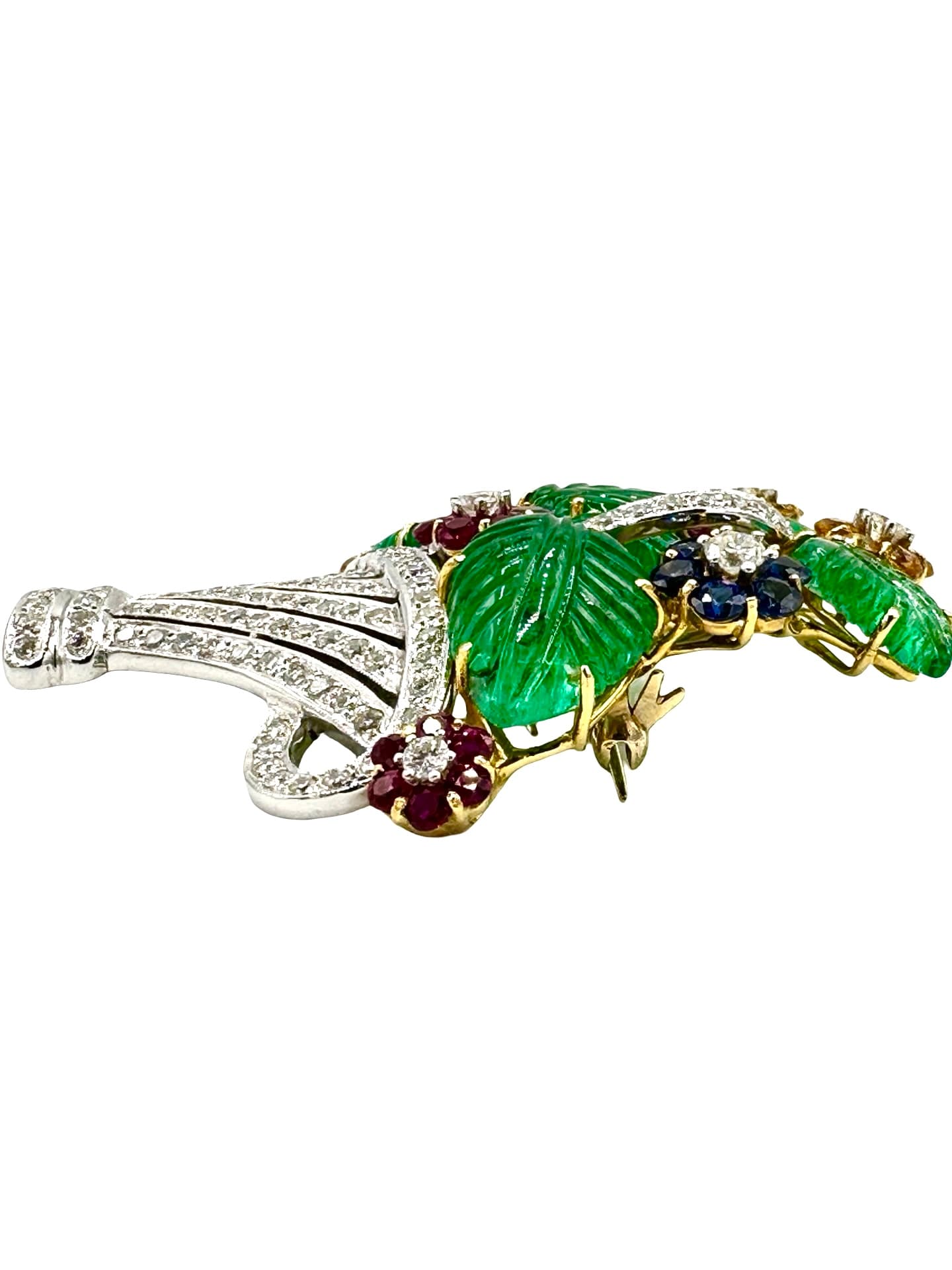18K White & Yellow Gold Diamond, Ruby & Sapphire Basket Brooch - thumbnail 5