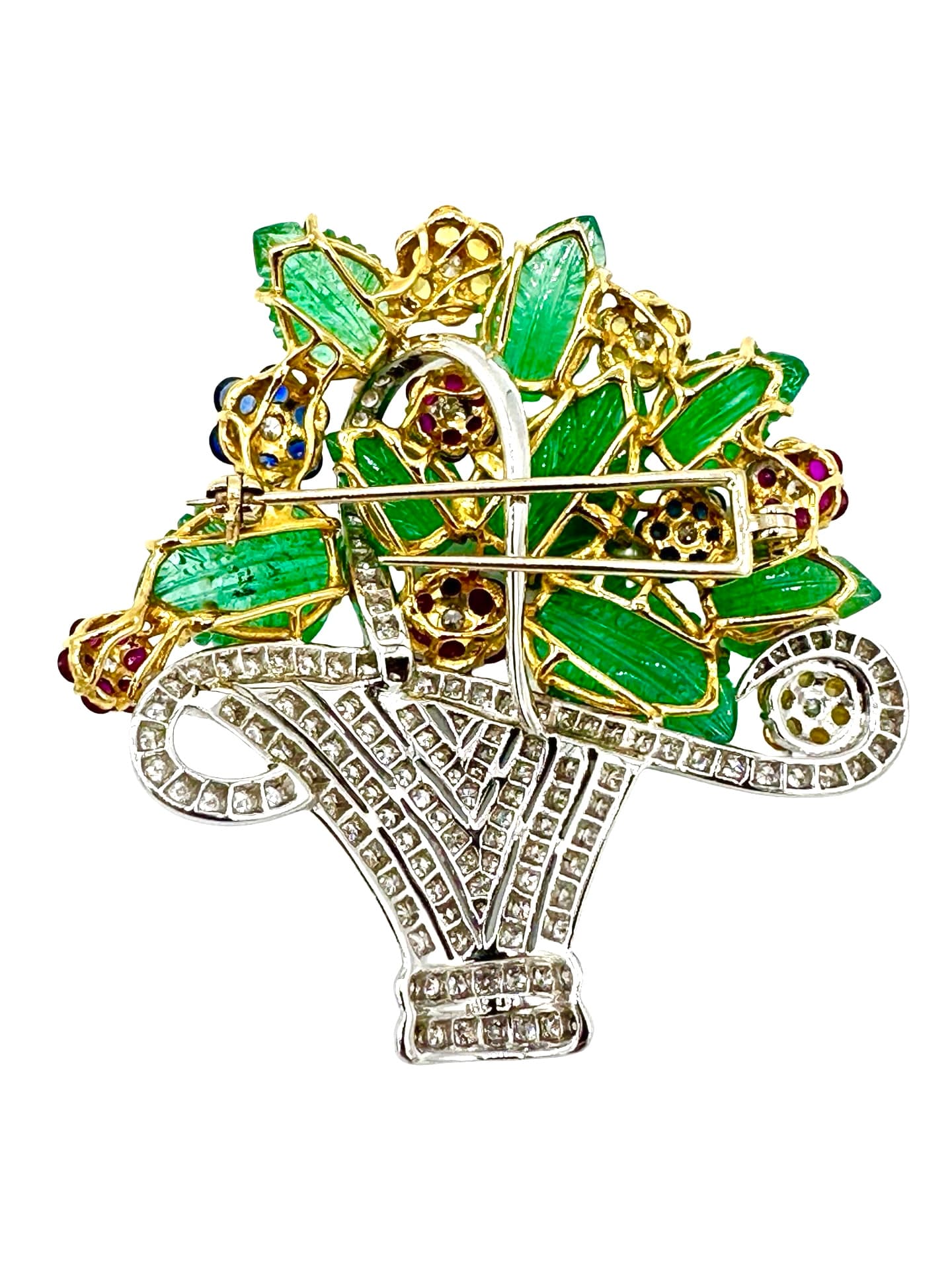 18K White & Yellow Gold Diamond, Ruby & Sapphire Basket Brooch - thumbnail 6