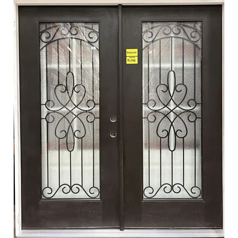 6/0 X 6/8 Full-Lite Pecan Fiberglass Iron Grill Double Door PJ LH