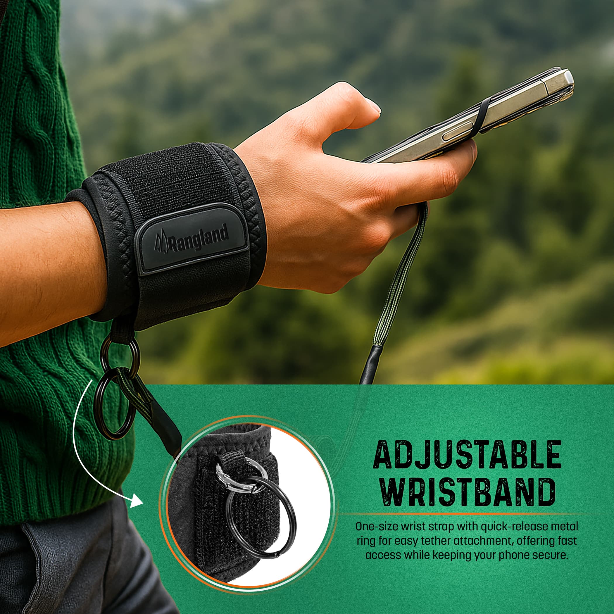 Rangland Phone Tether with Carabiner and Wrist Strap – Green - thumbnail 4