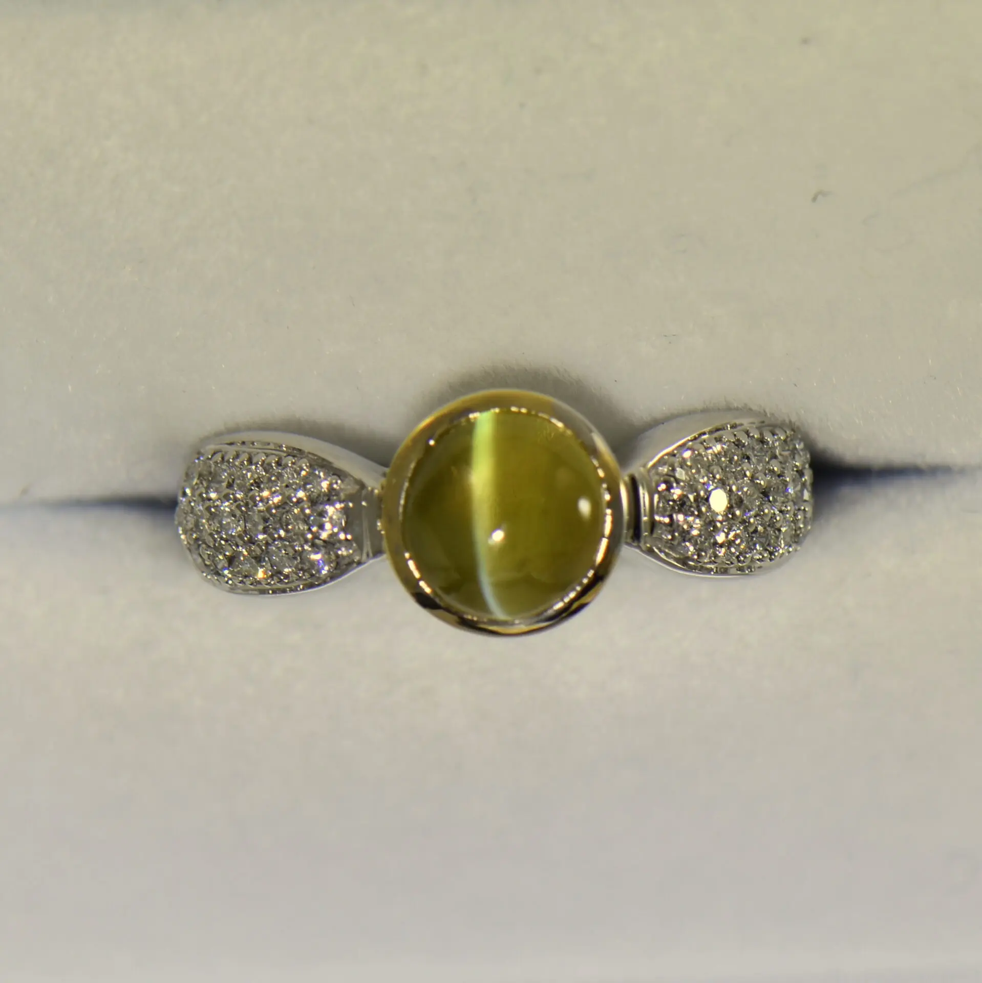 Custom Cat’s Eye Chrysoberyl & Pave Diamond Ring