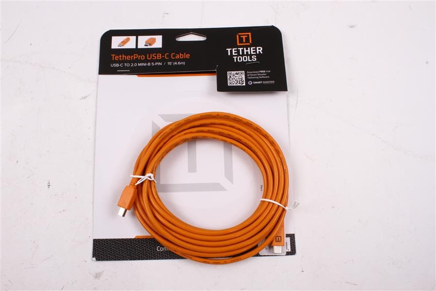 Used Tether Tools TetherPro USB-C to 2.0 Mini-B 5-Pin, 15′ (4.6m), Orange