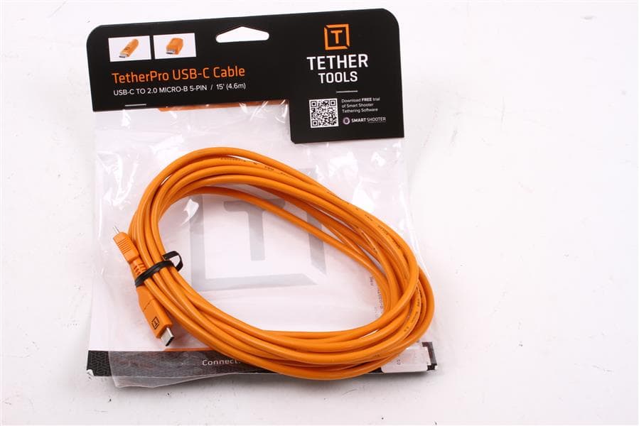 Used Tether Tools TetherPro USB-C to 2.0 Micro-B 5-Pin, 15′ (4.6m), Orange