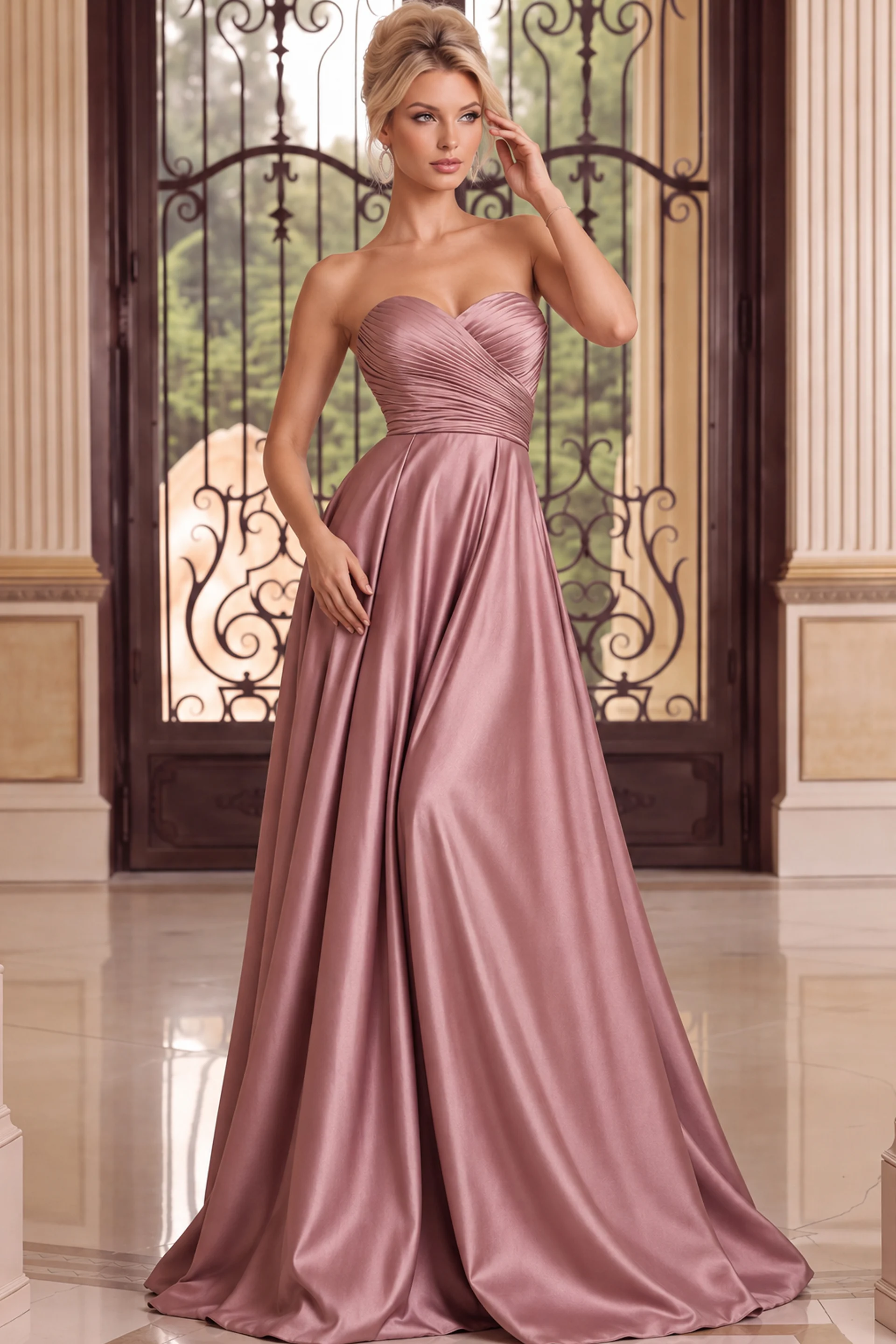 Dusty Rose Strapless Satin A Line Gown 49688