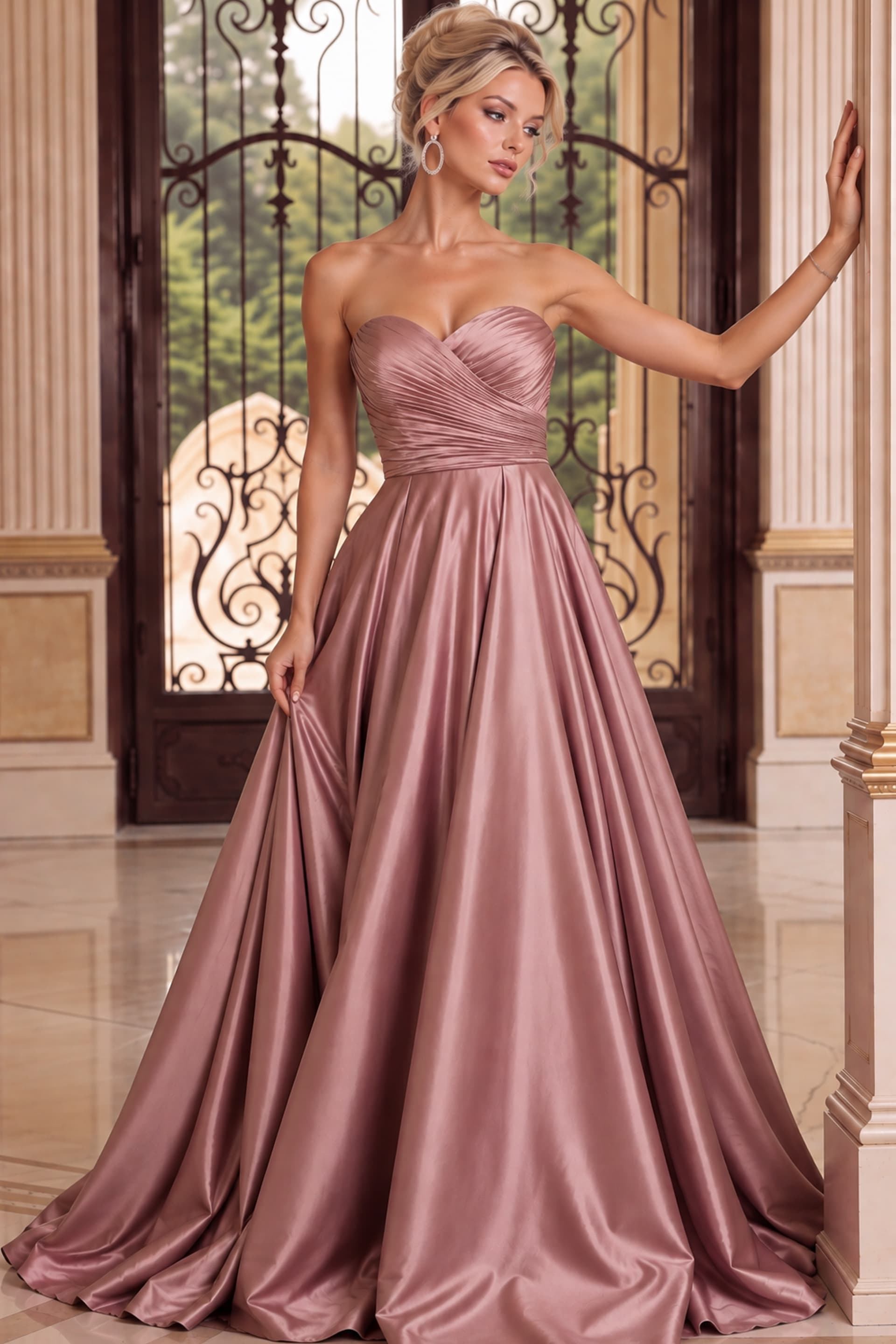 Dusty Rose Strapless Satin A Line Gown 49688 - thumbnail 4