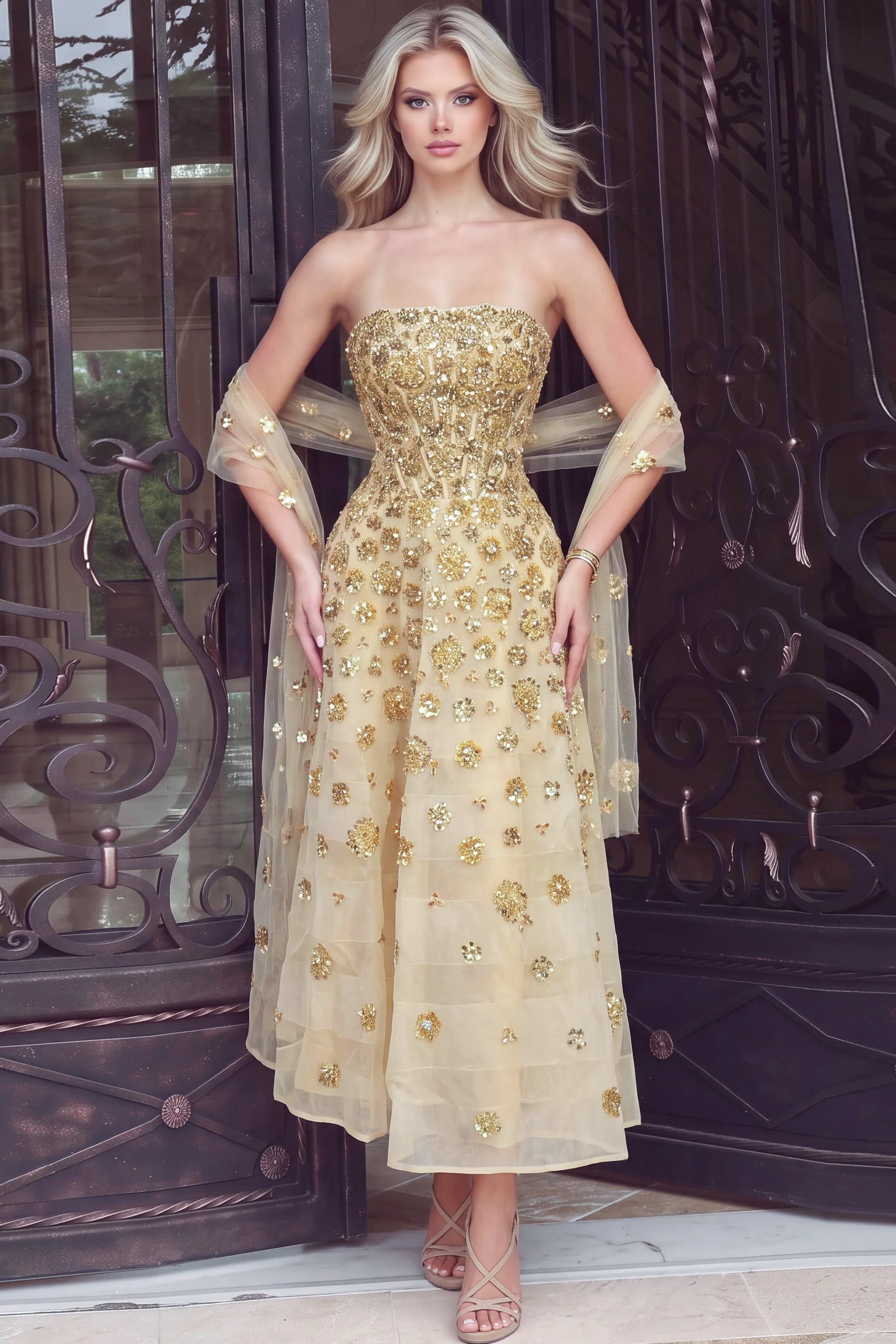 Embellished Strapless A Line Evening Gown 51616