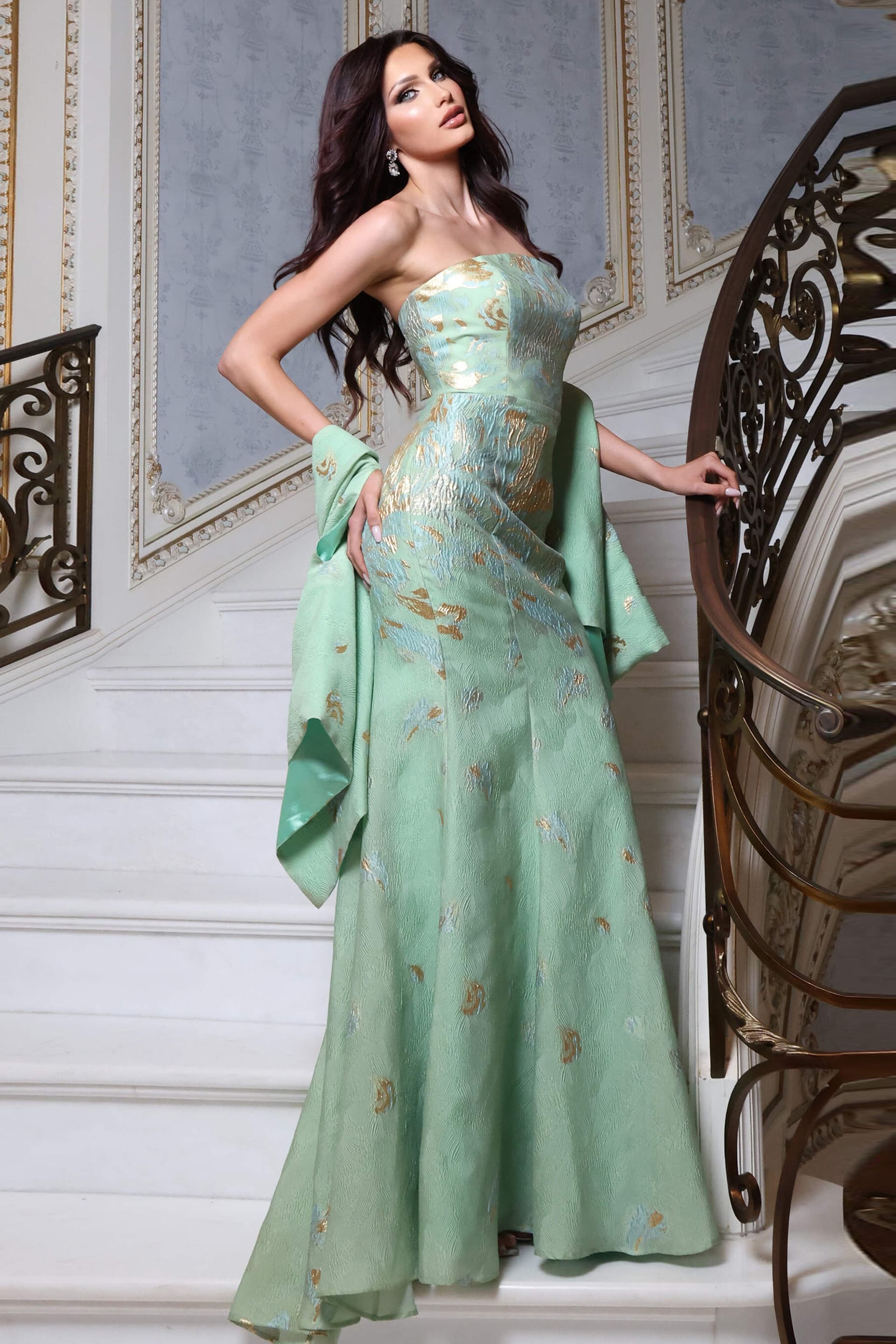 Metallic Brocade Strapless Gown 52667
