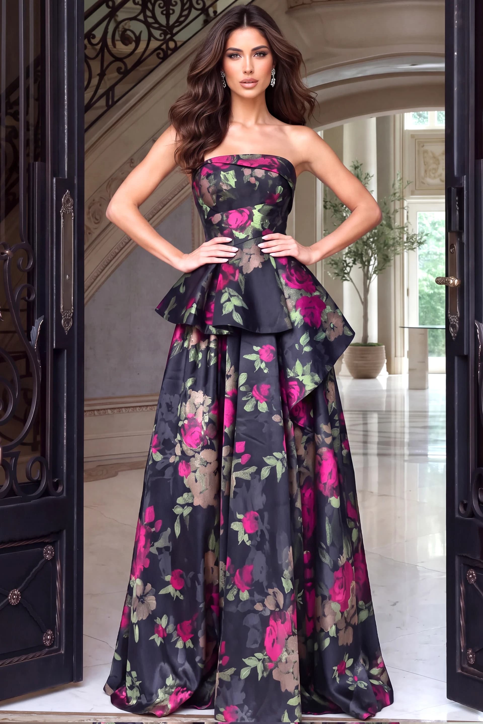 Strapless Floral Print Peplum Ball Gown 53371