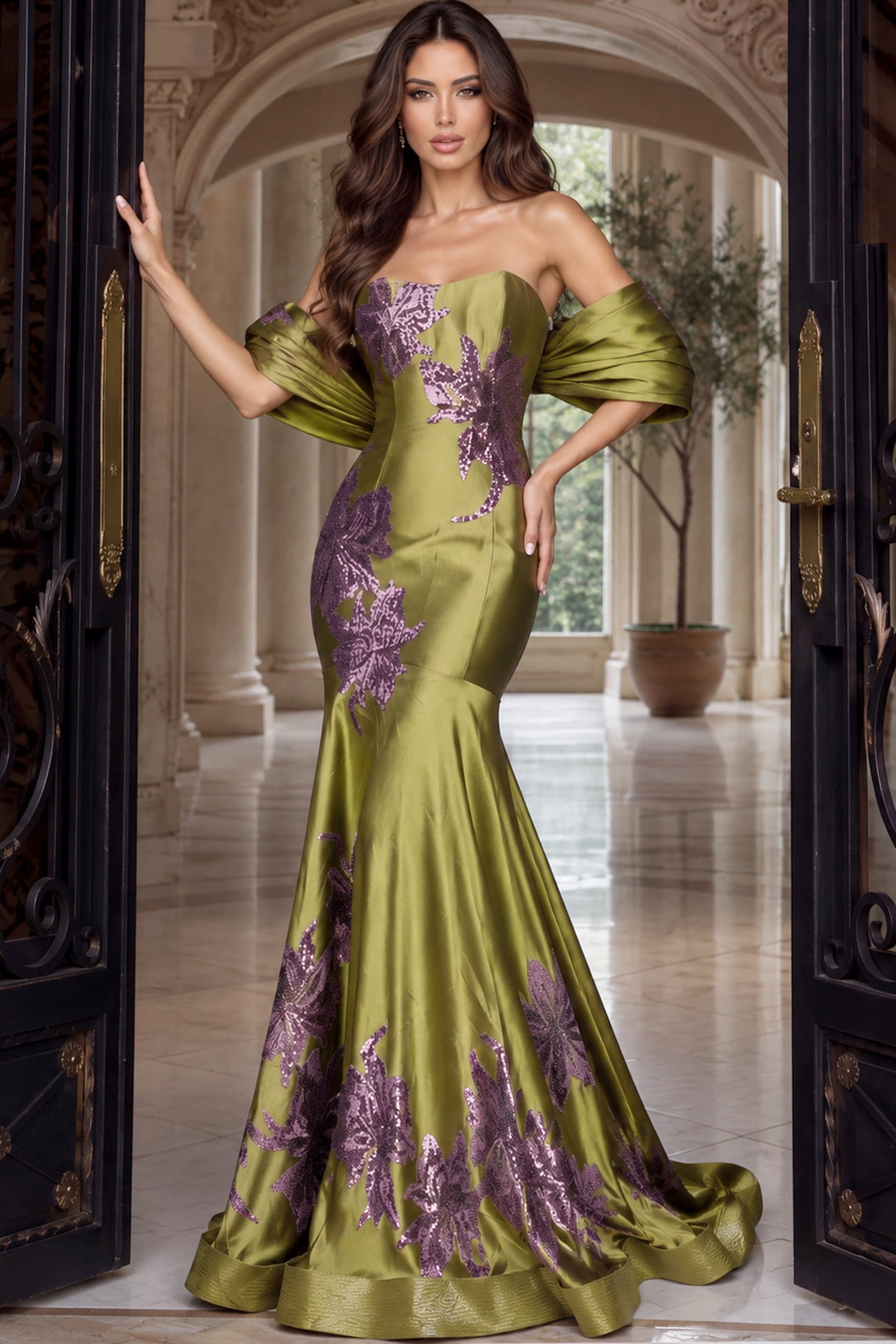 Floral Appliqued Mikado Mermaid Gown 54041