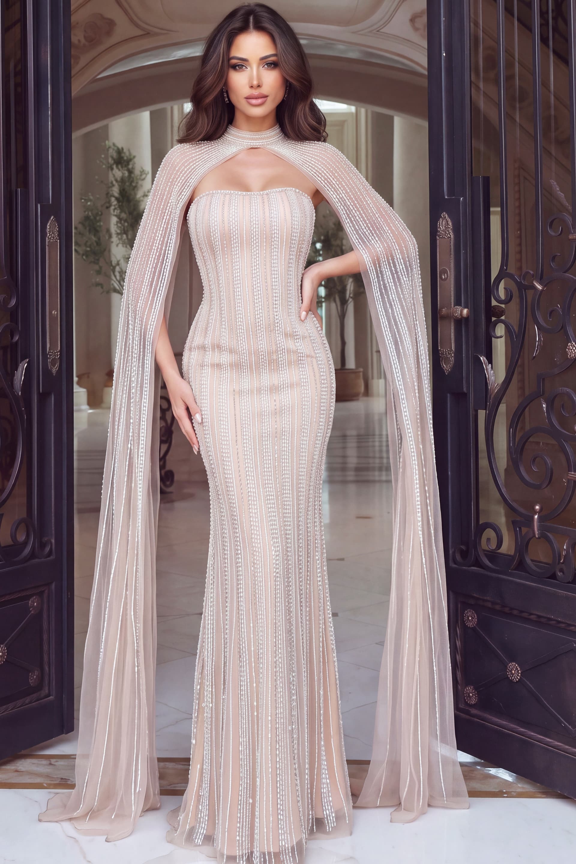 Strapless Beaded Stripe Mermaid Gown with Cape Sleeves 54079