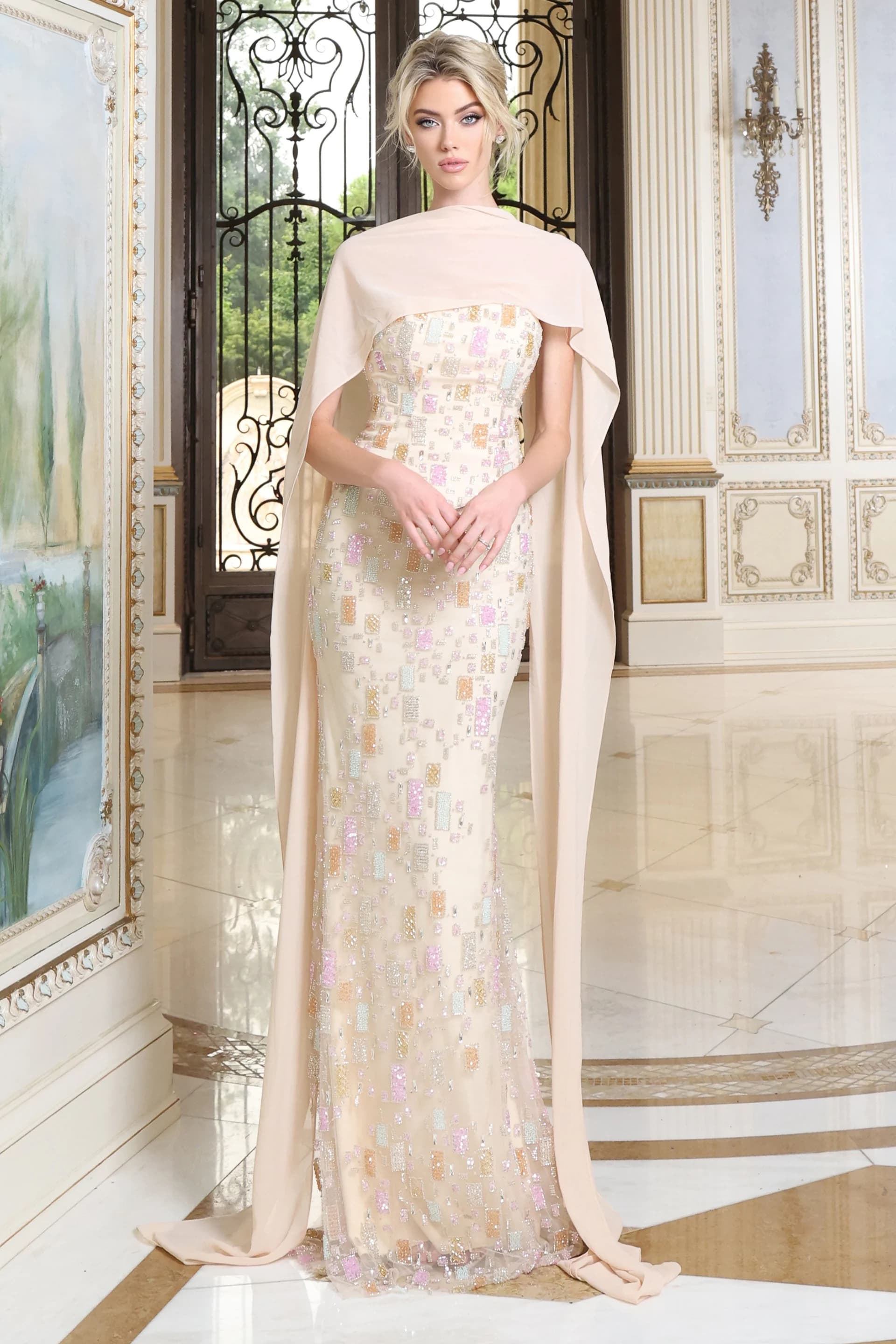 Beaded Column Gown with Cape 54177