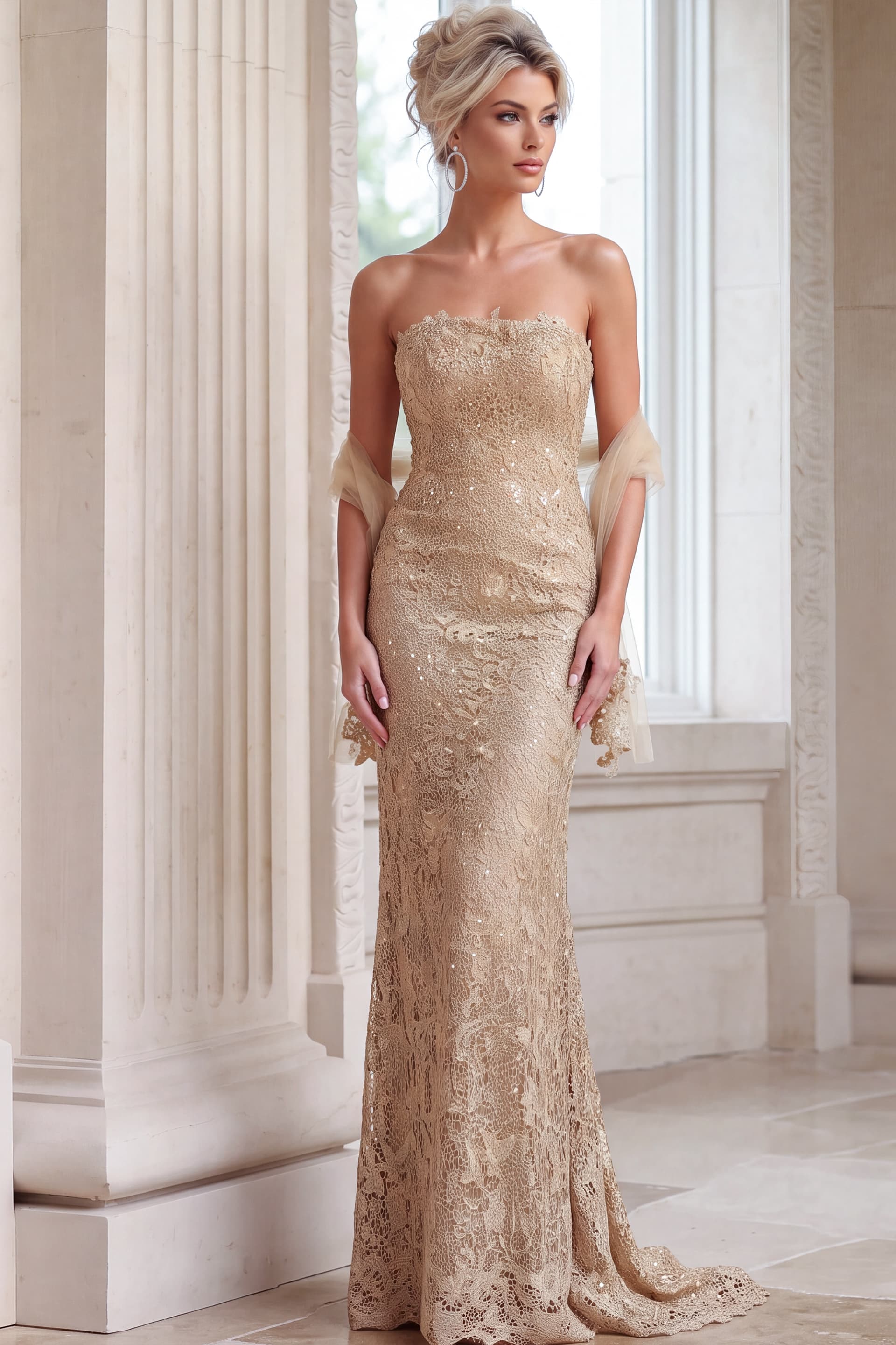 Lace Column Gown with High Back Slit 54330 - thumbnail 4