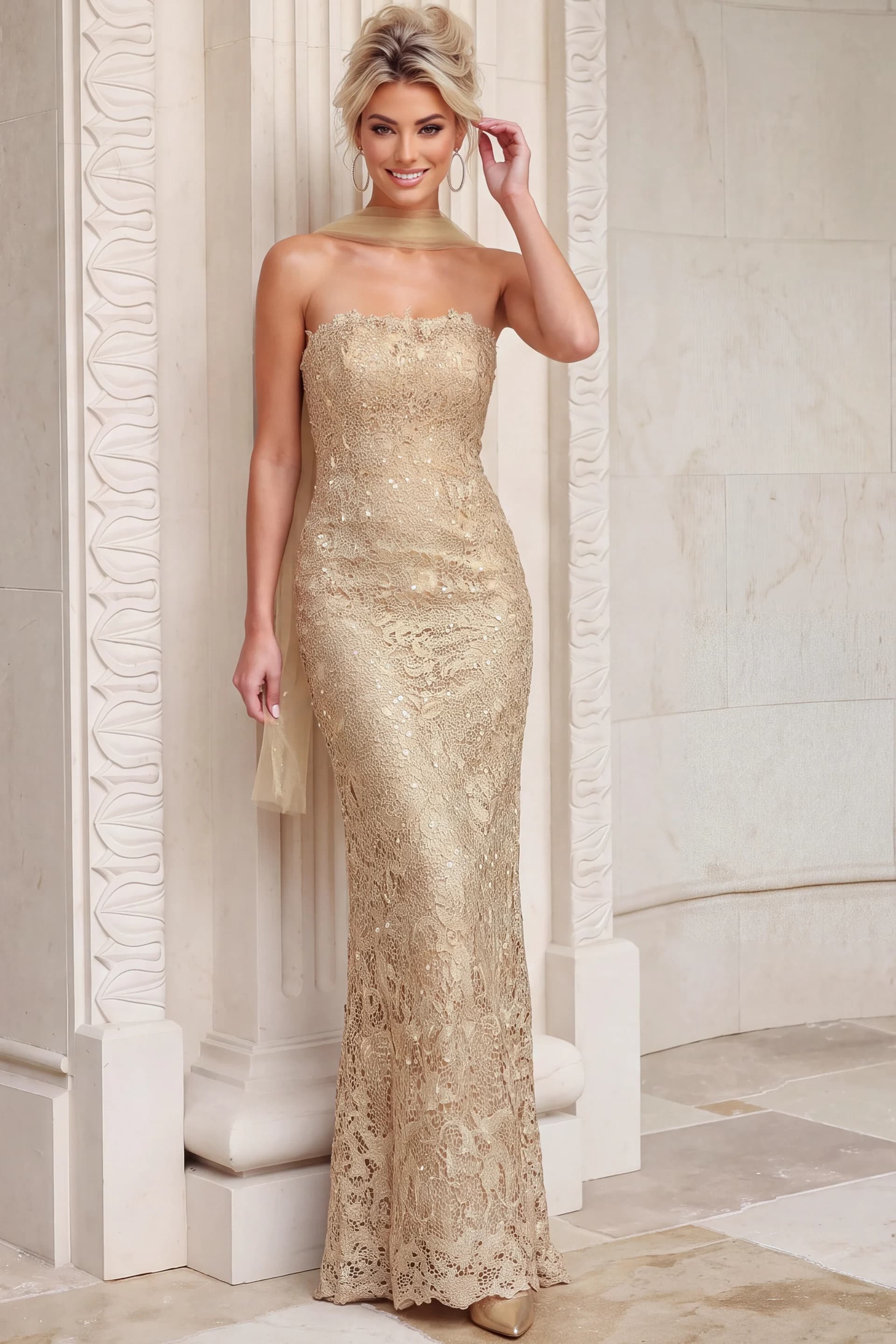 Lace Column Gown with High Back Slit 54330 - thumbnail 3