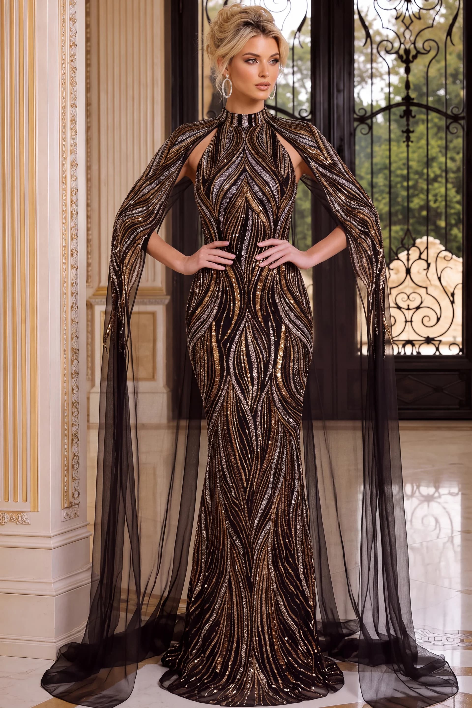 Swirl Sequin Cape Sleeve Mermaid Gown 54920