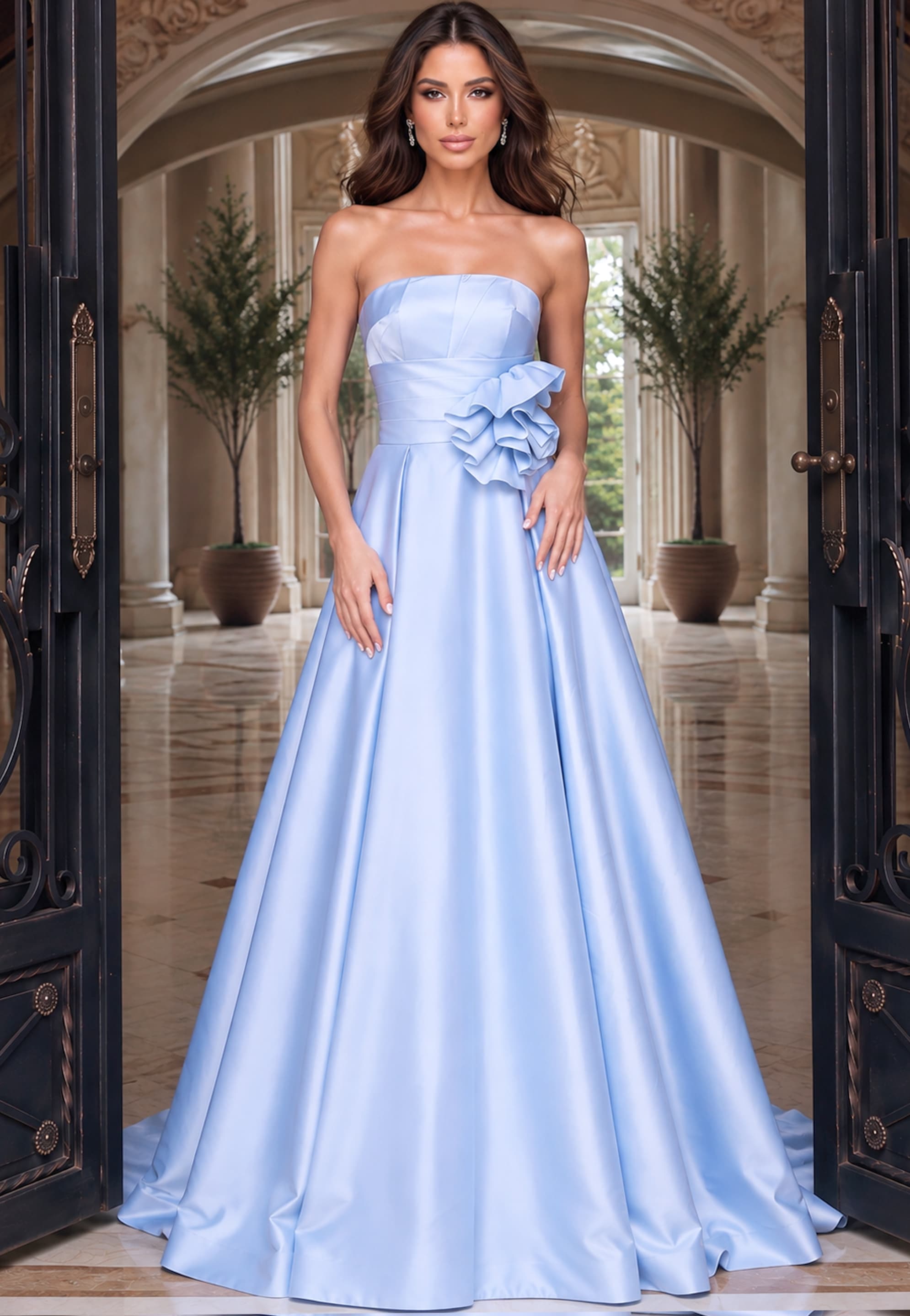 Strapless Ball Gown with Rosette Waist and Back Bow 55121