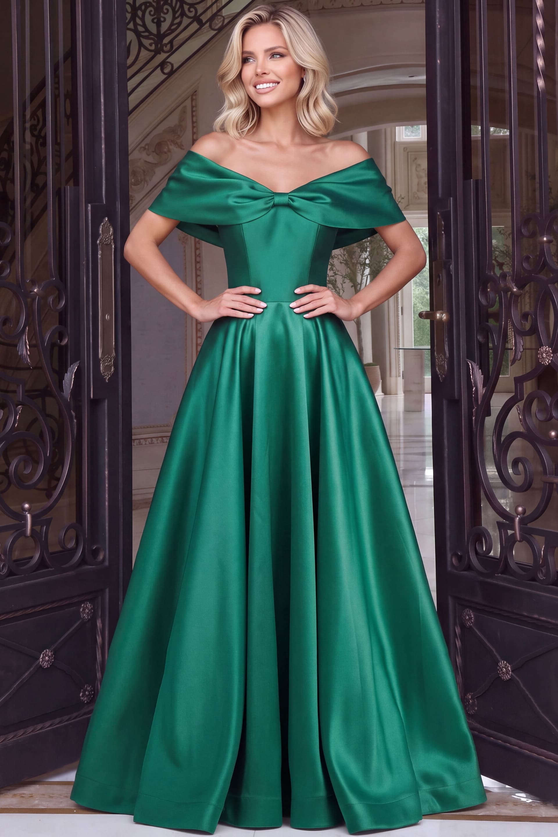 Off the Shoulder A Line Satin Gown 55122 - thumbnail 4