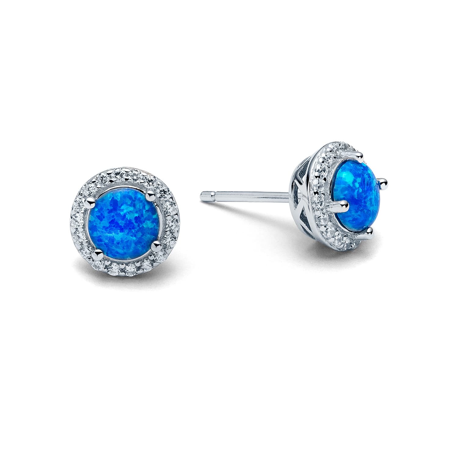 Blue Opal Round CZ Post Earrings