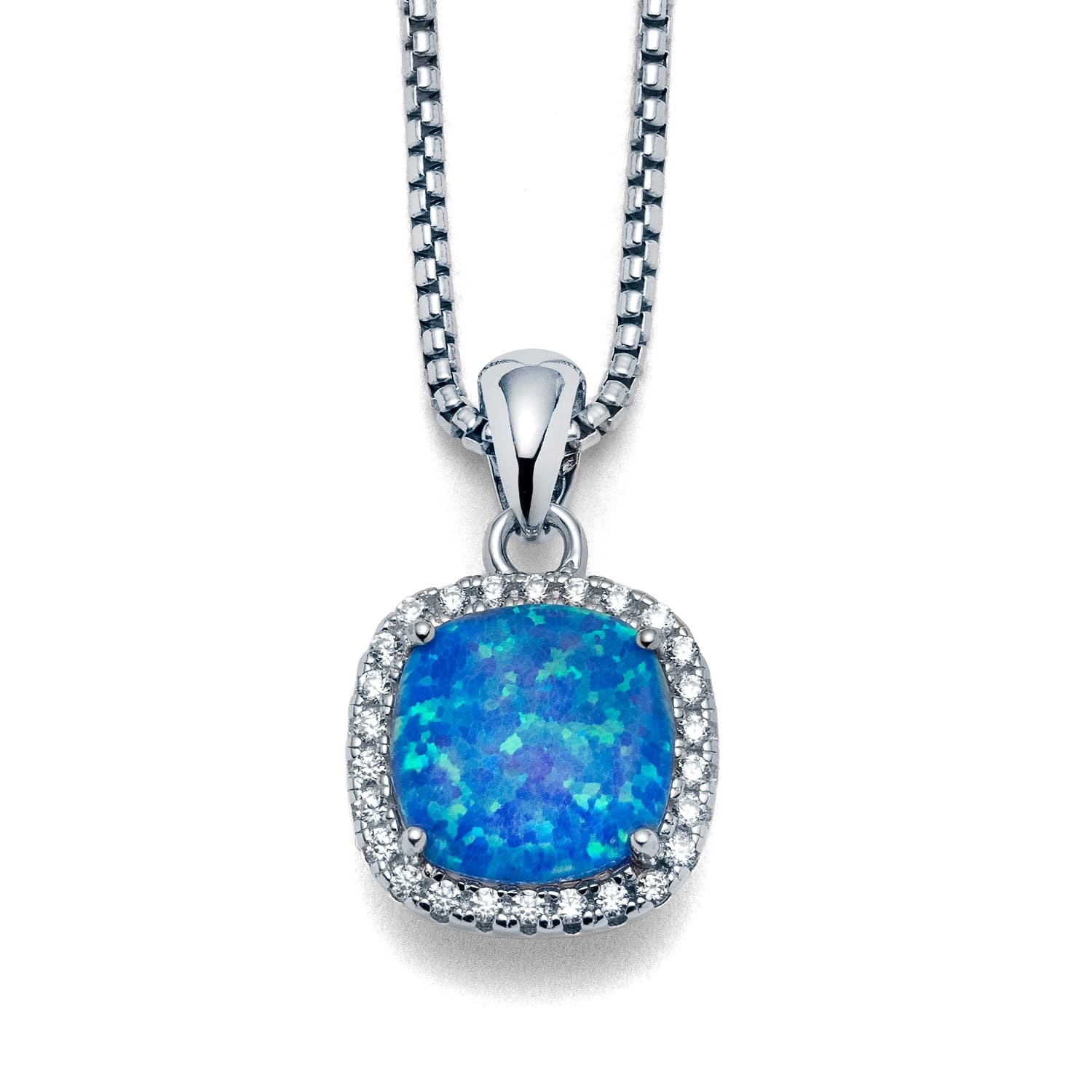 Blue Opal Cushion Halo CZ Necklace