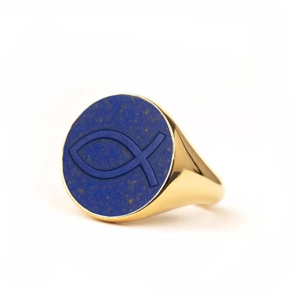Lapis Lazuli and 18K Gold Signet ICHTHUS Ring - thumbnail 2