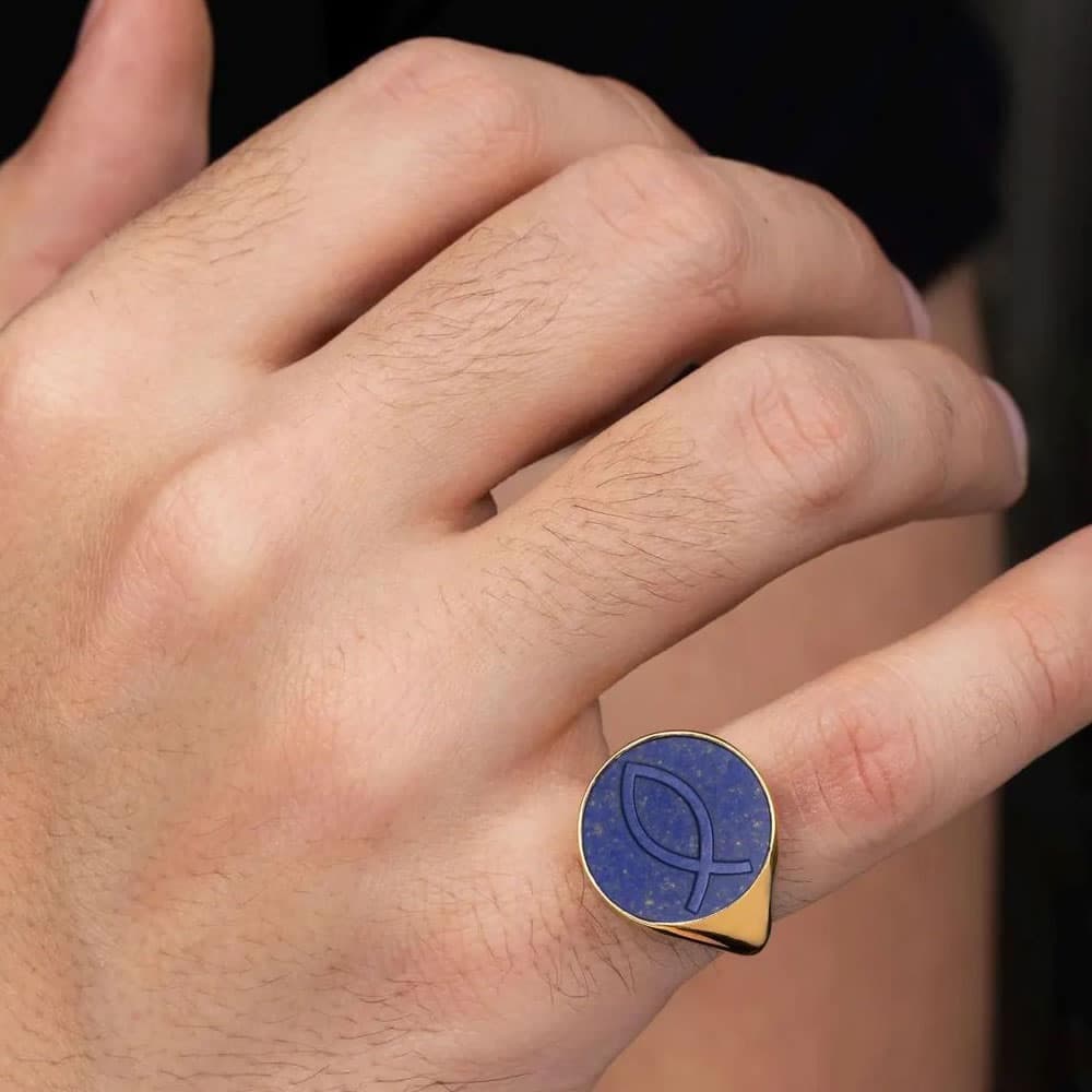 Lapis Lazuli and 18K Gold Signet ICHTHUS Ring - thumbnail 4