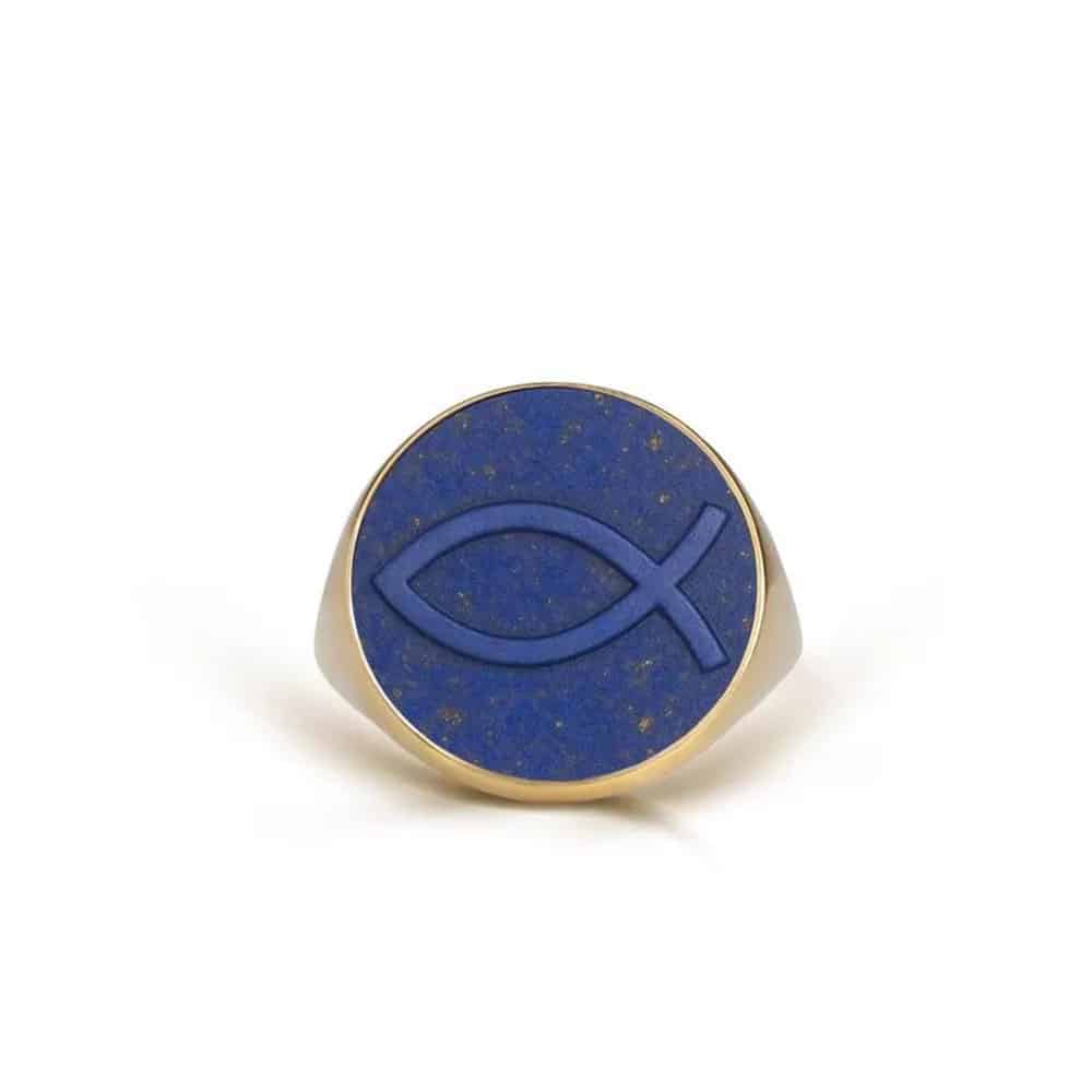 Lapis Lazuli and 18K Gold Signet ICHTHUS Ring
