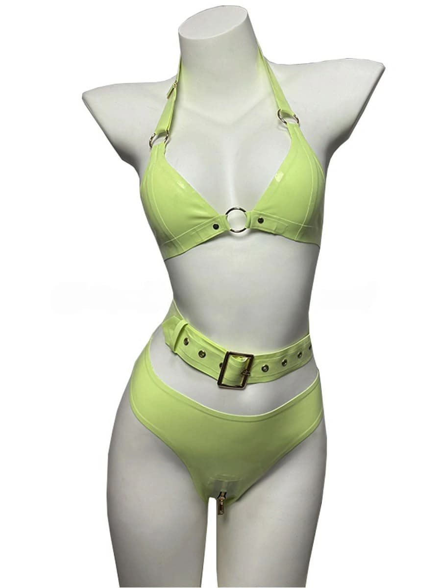 Latex 3-Piece Set: Triangle Bra + Belt + Crotchless Briefs