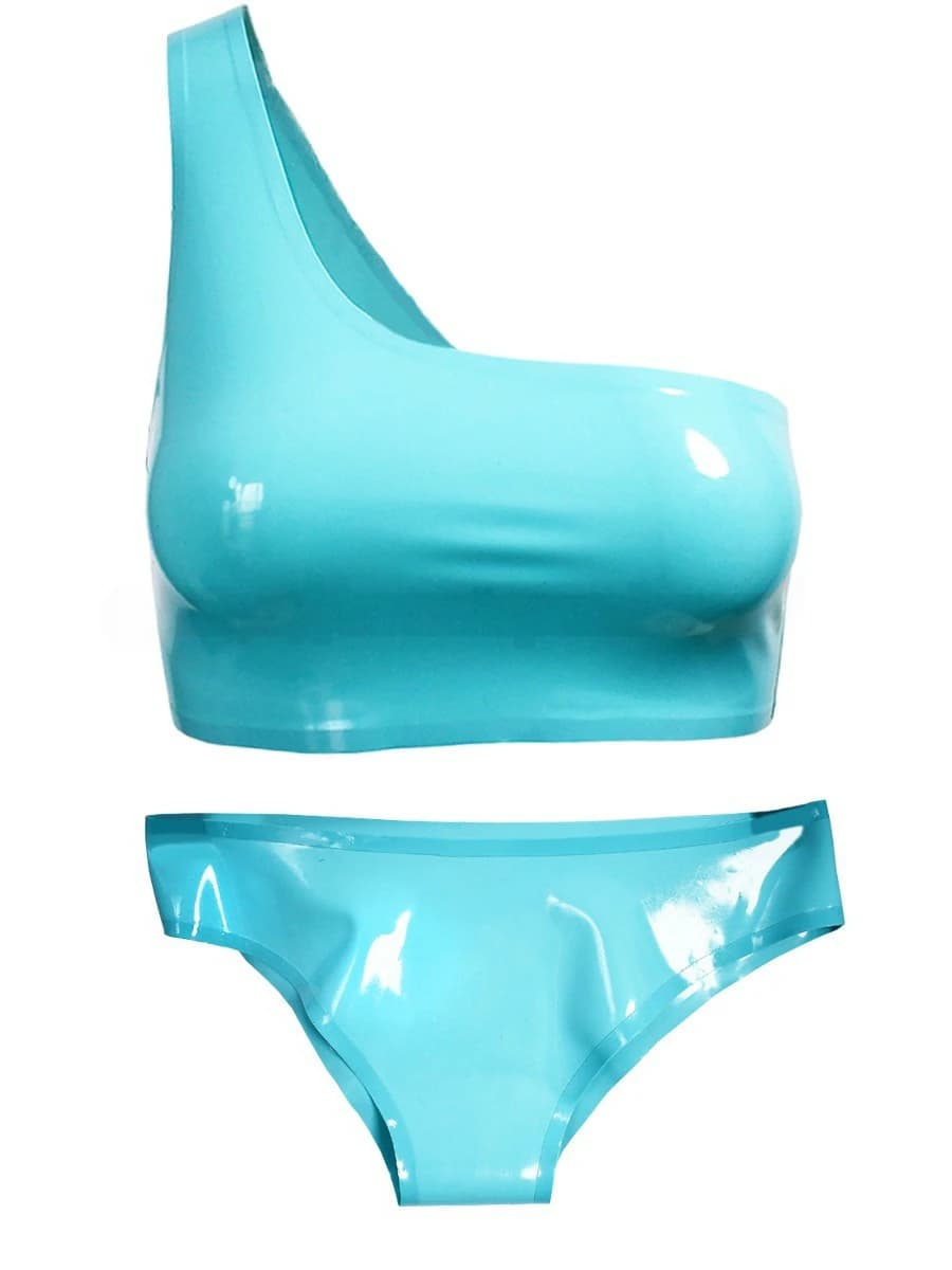 Latex Sky Blue Two-Piece Set: One-Shoulder Top + Briefs