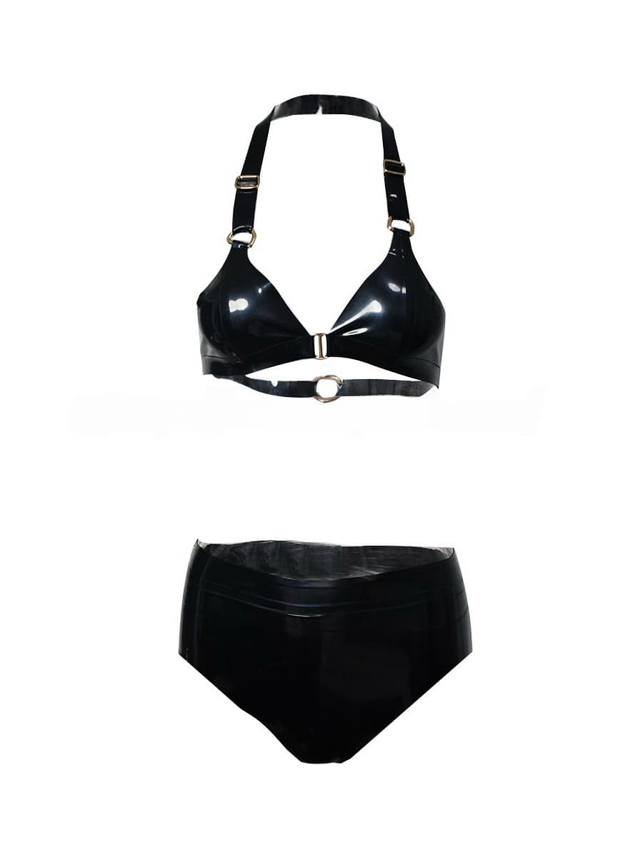 Latex Black Two-Piece Set: Halter Bra + High-Waisted Briefs