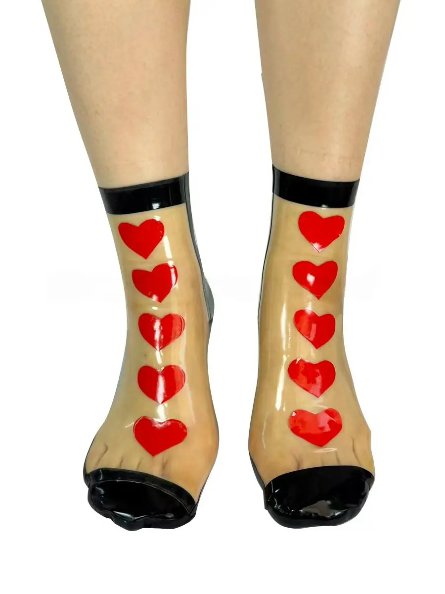 Latex Skin-Tone Ankle Socks with Red Heart Print & Black Trim