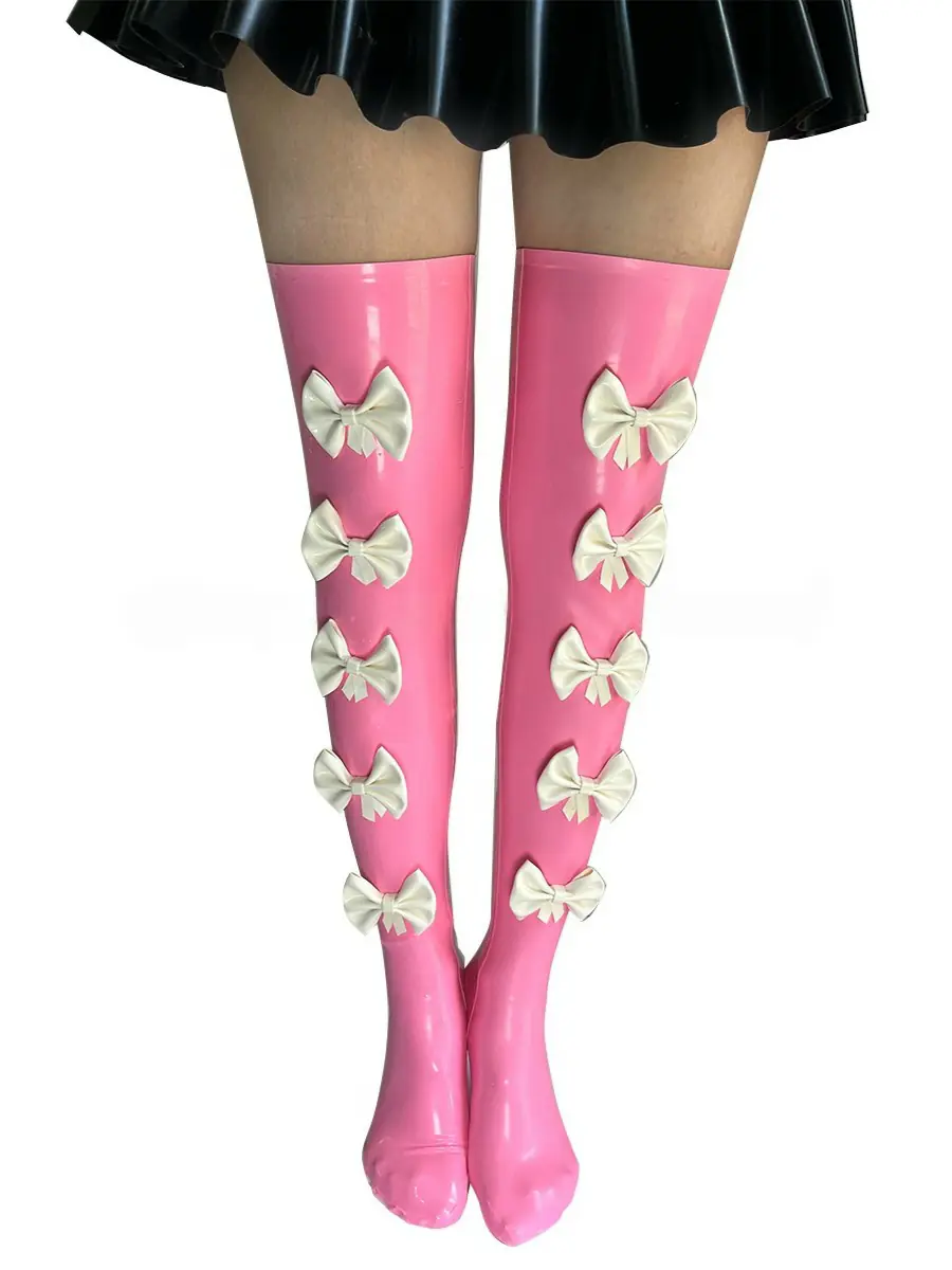 Latex Pink Thigh-High Socks with White Bow Details