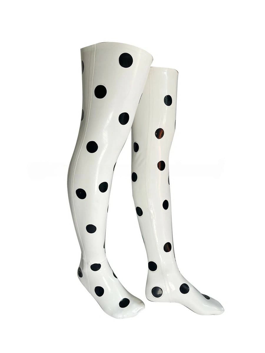 Latex White Thigh-High Socks with Black Polka Dots