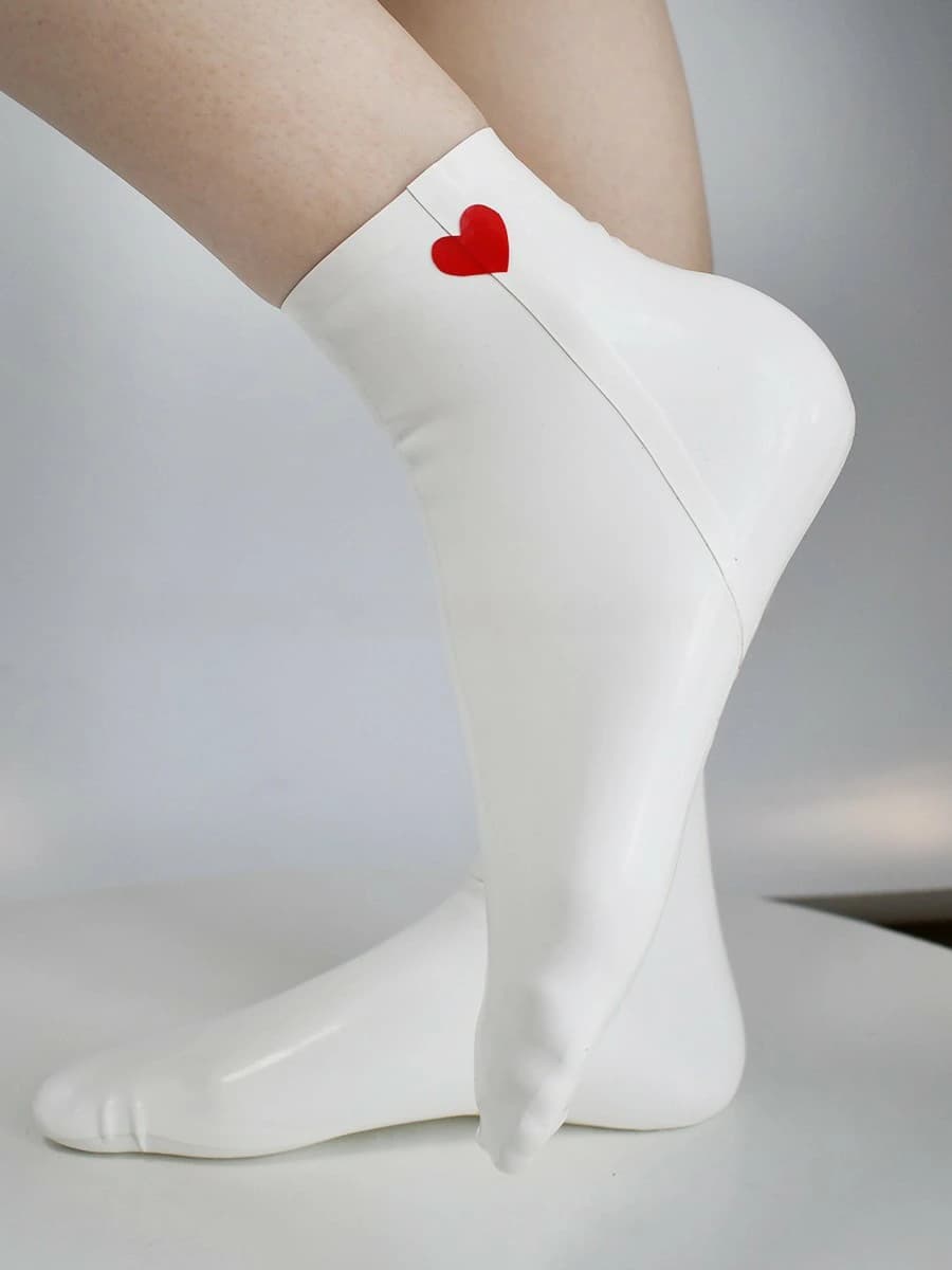 Latex White Ankle Socks with Red Heart Detail