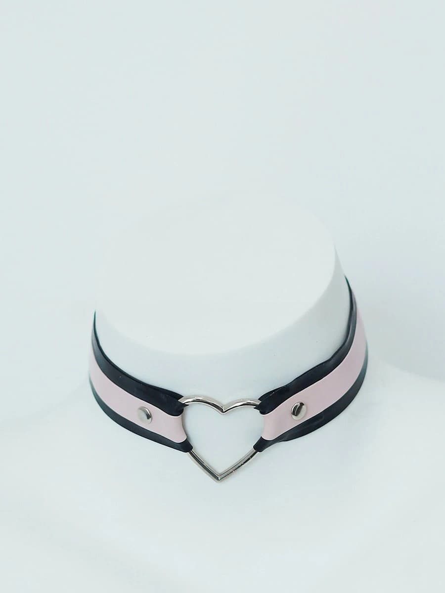 Latex Black & Pink Choker with Silver Heart Ring