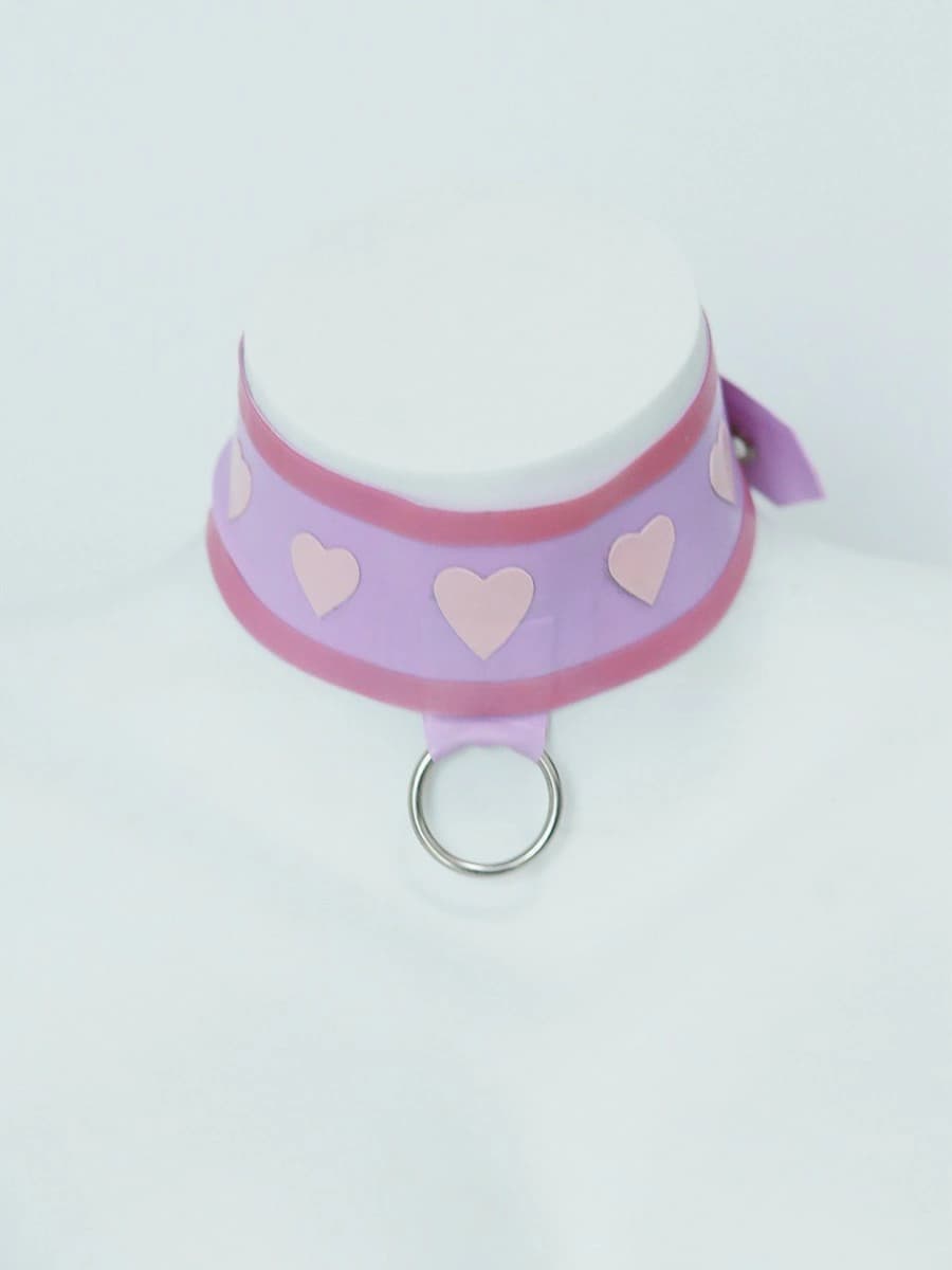 Latex Choker with Heart Print & Silver Ring