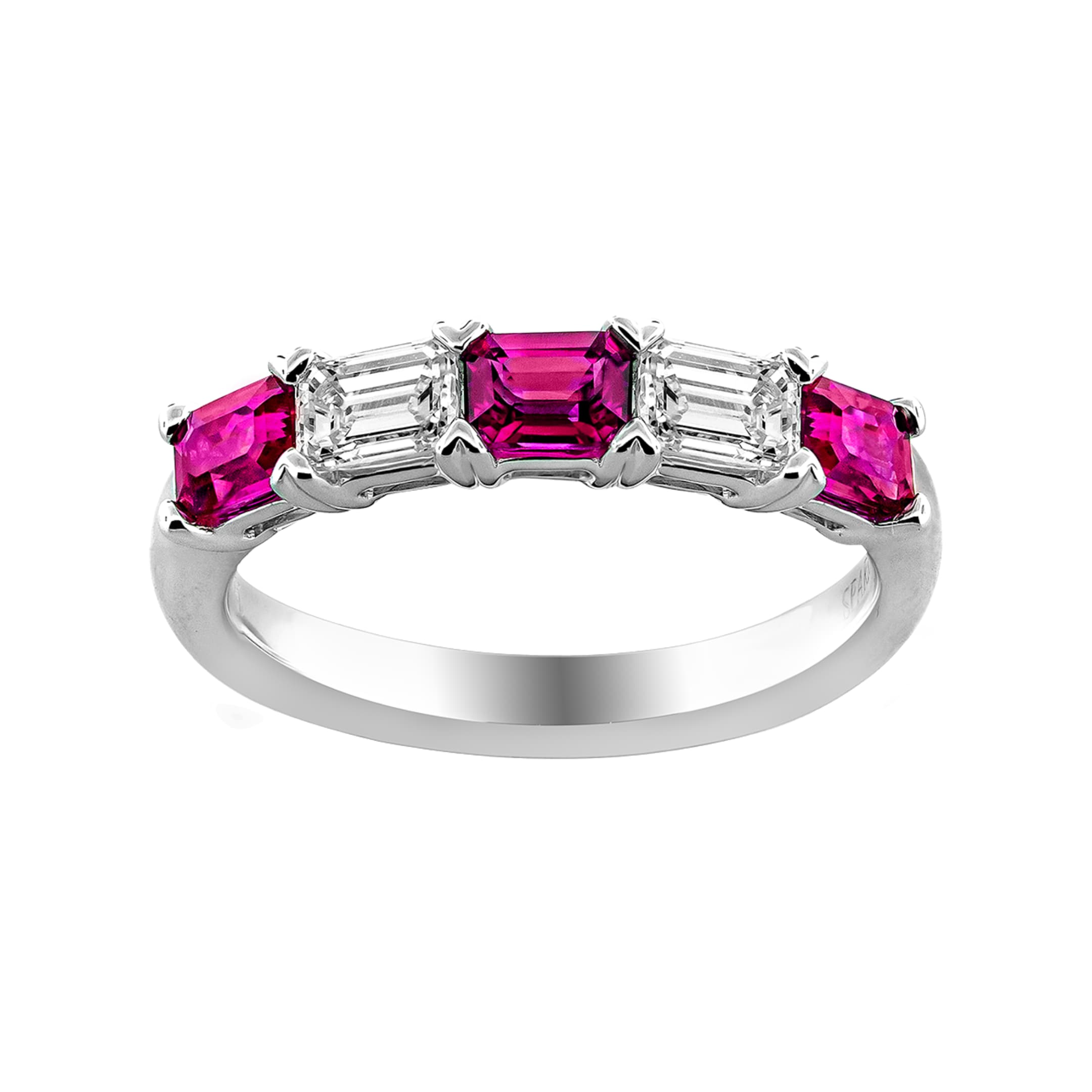 0.75 carat Emerald cut Ruby and Diamond Ring in White Gold