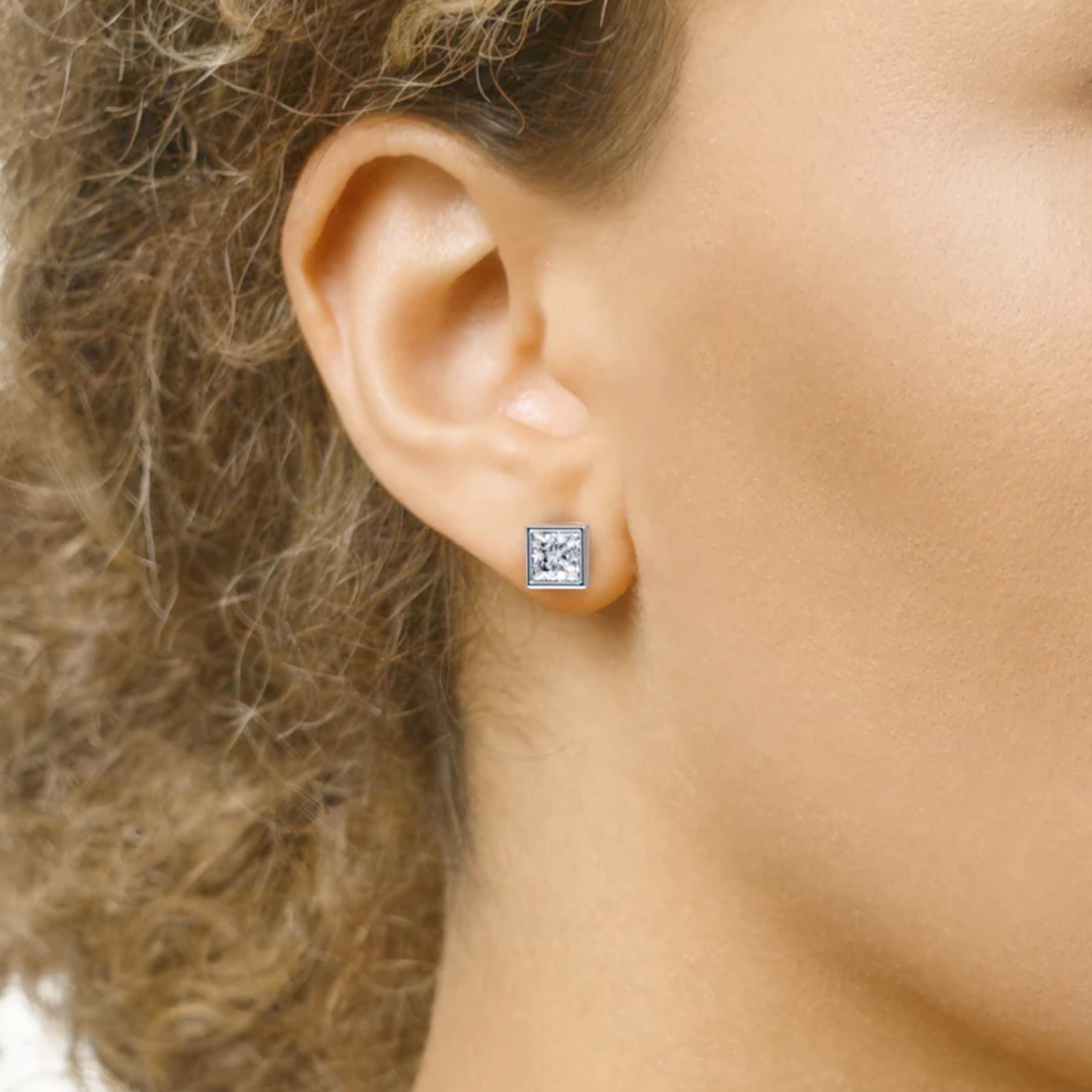 3.72 carat Princess cut Bezel set Diamond Stud Earrings in White Gold